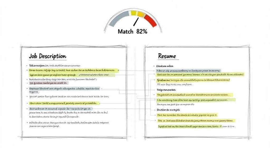 Visual representation of job description and resume matching showing 82% compatibility score