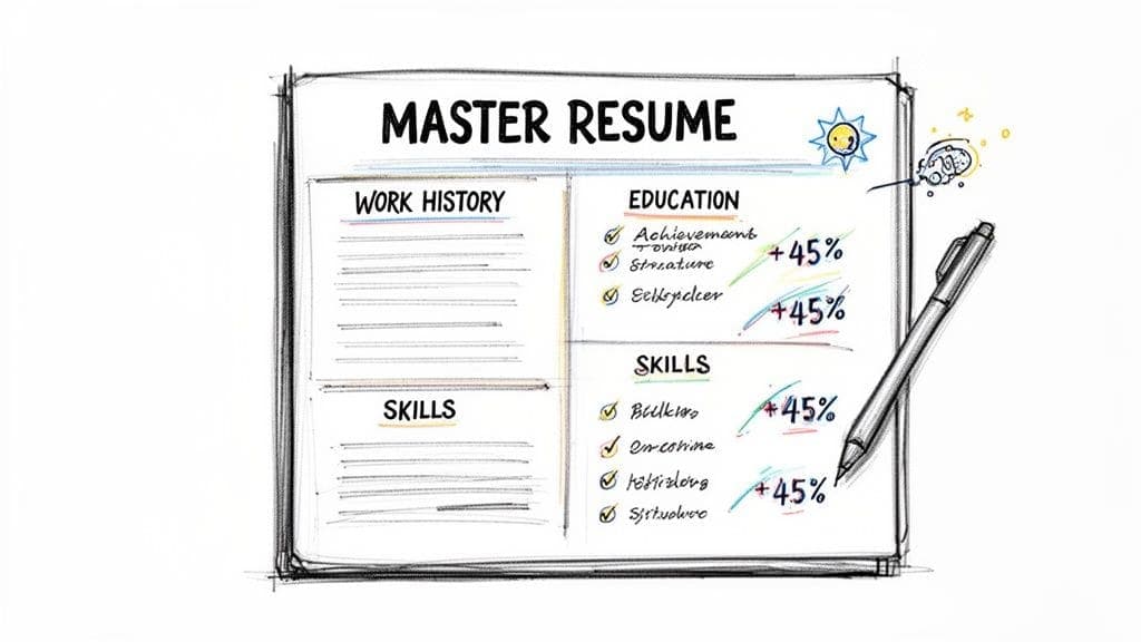 Hand-drawn master resume with sections for work history, education, and skills showing improvements