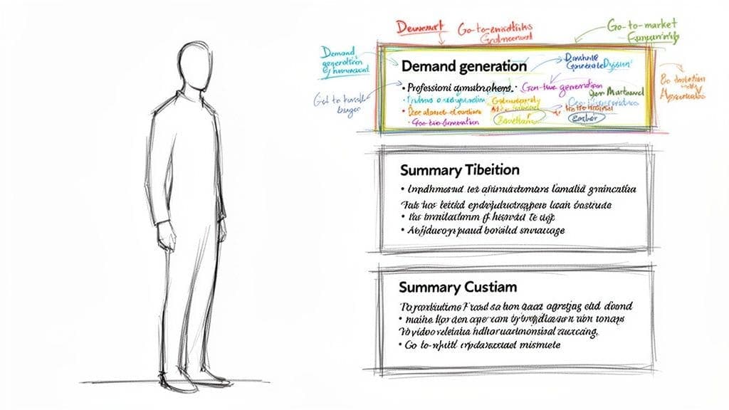 Sketch of person next to diagram detailing demand generation strategies and summary points