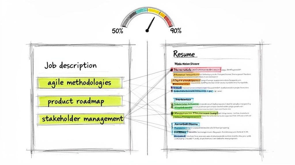 Resume matching tool comparing job description keywords like agile methodologies to resume content showing compatibility score