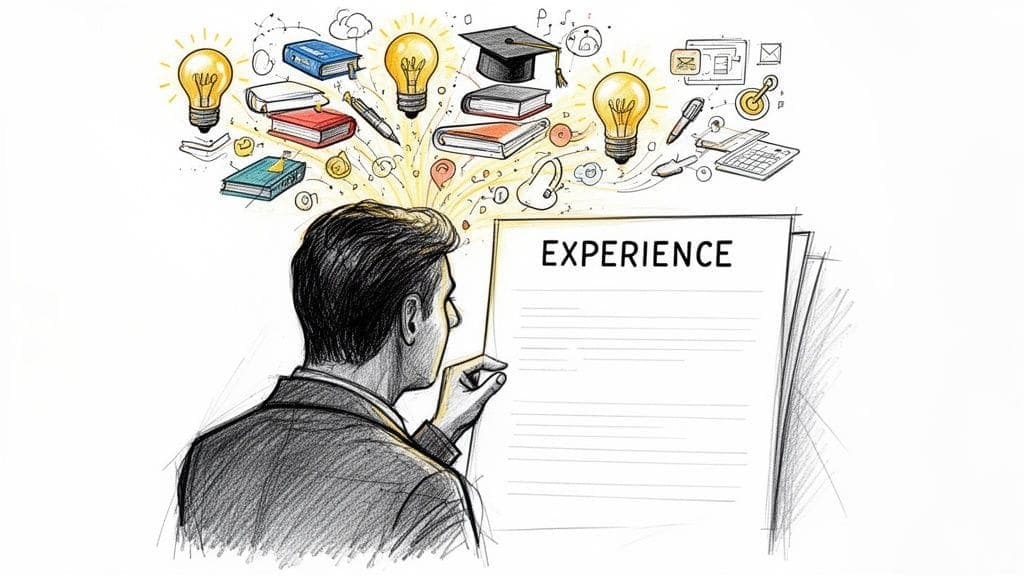 Professional man looking at a blank experience document with educational icons above him