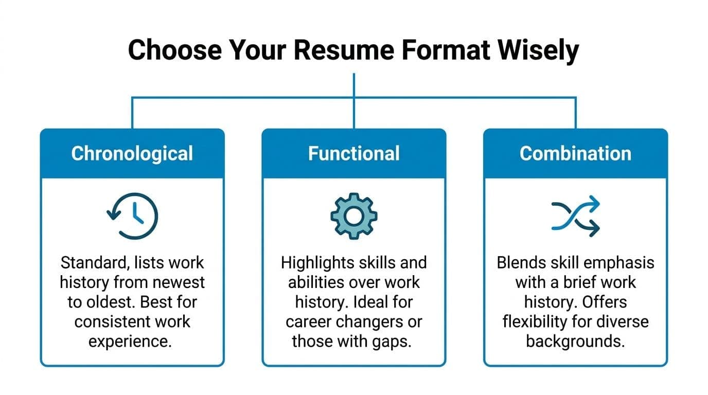 Infographic comparing chronological, functional, and hybrid resume formats for candidates with no work experience