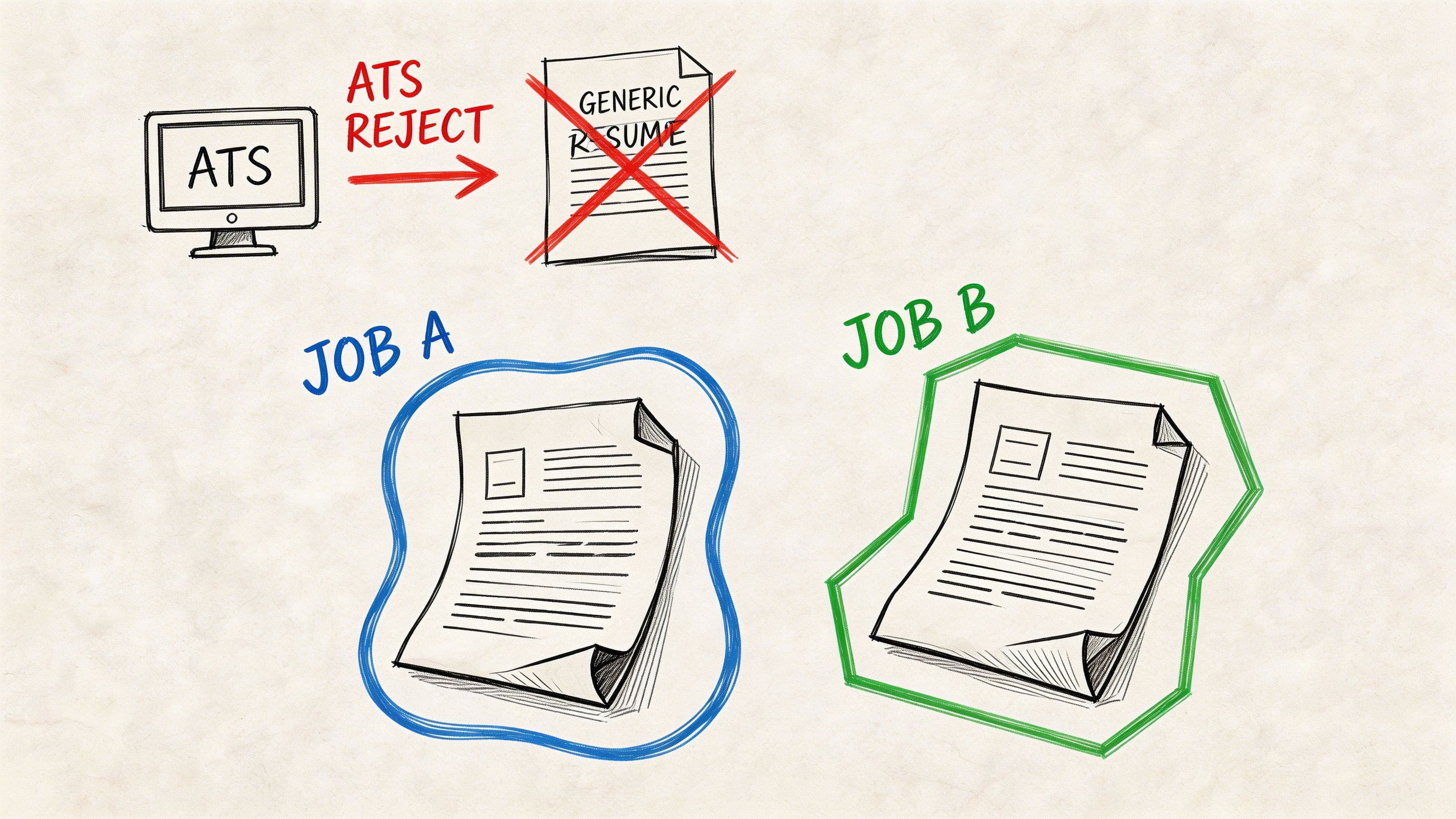 Illustration showing ATS software rejecting generic resumes and accepting tailored resumes optimized for specific job descriptions