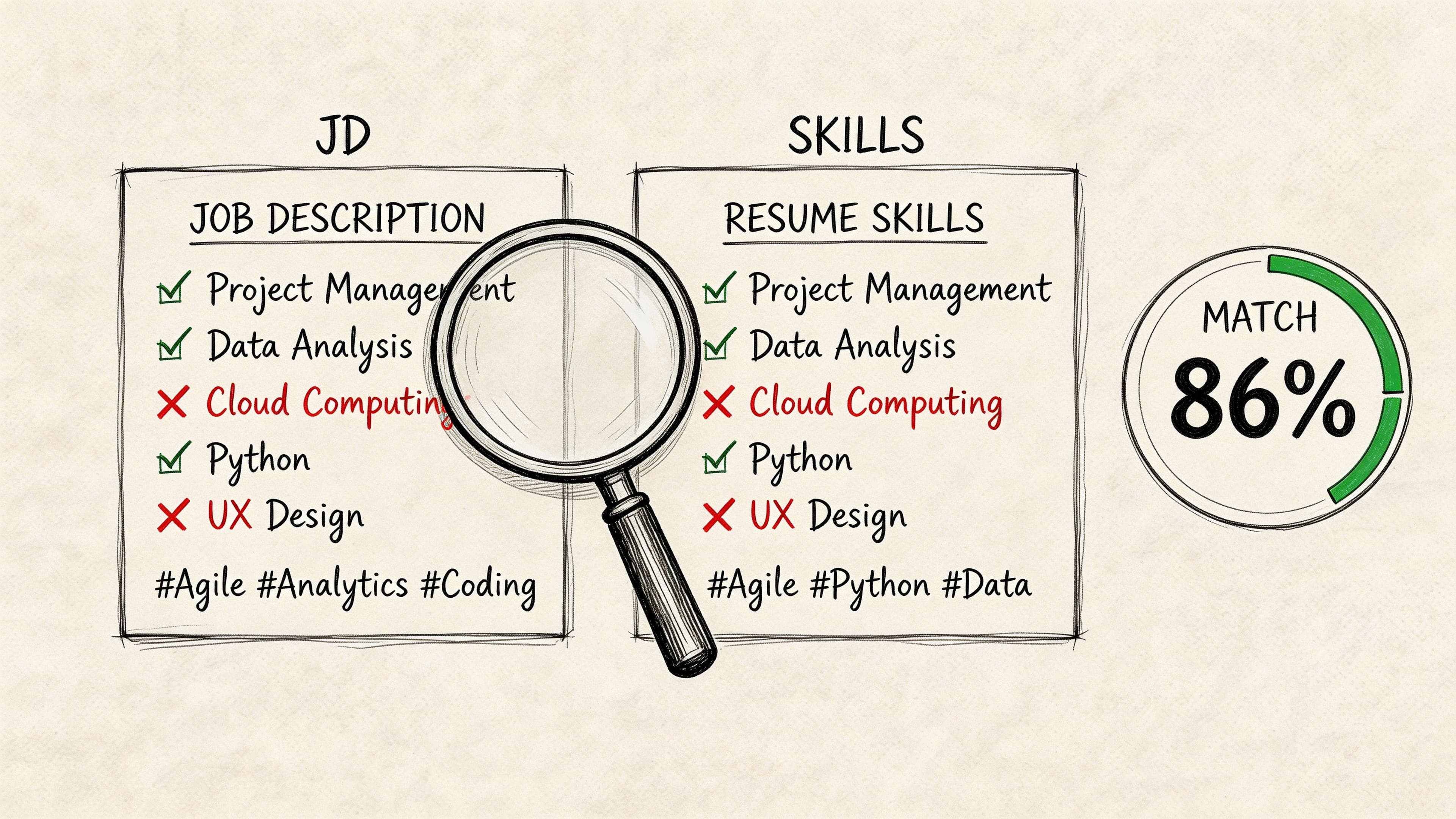 Job description matcher comparing resume skills and showing an 86 percent match score