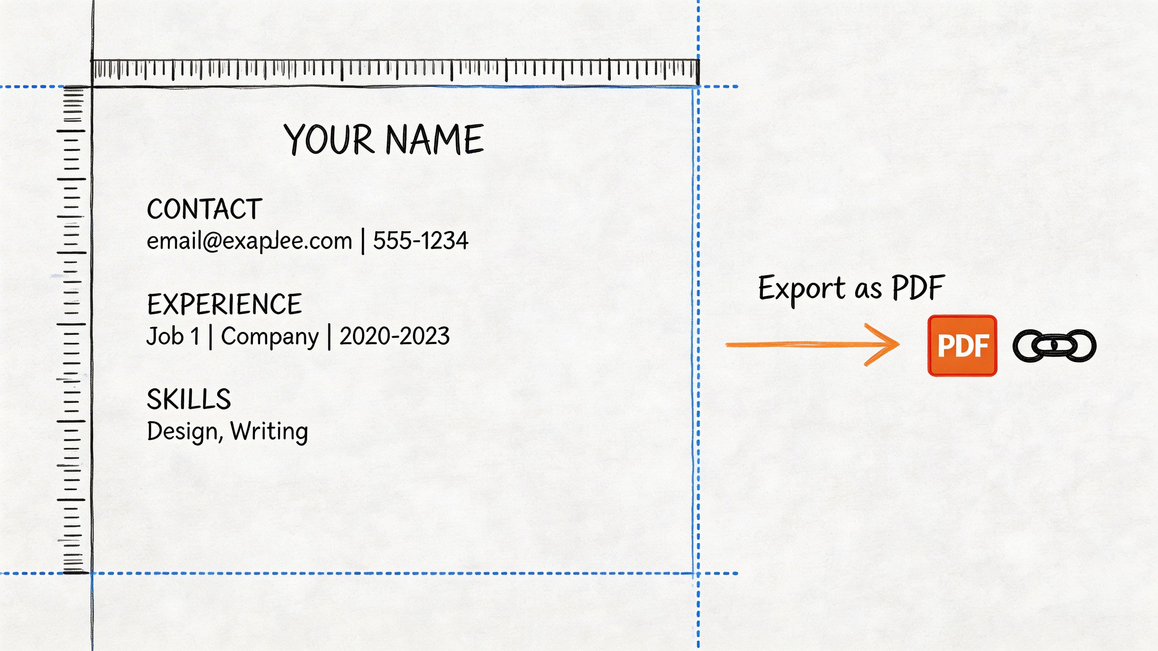 Minimalist resume template with export to PDF button and clean formatting guide