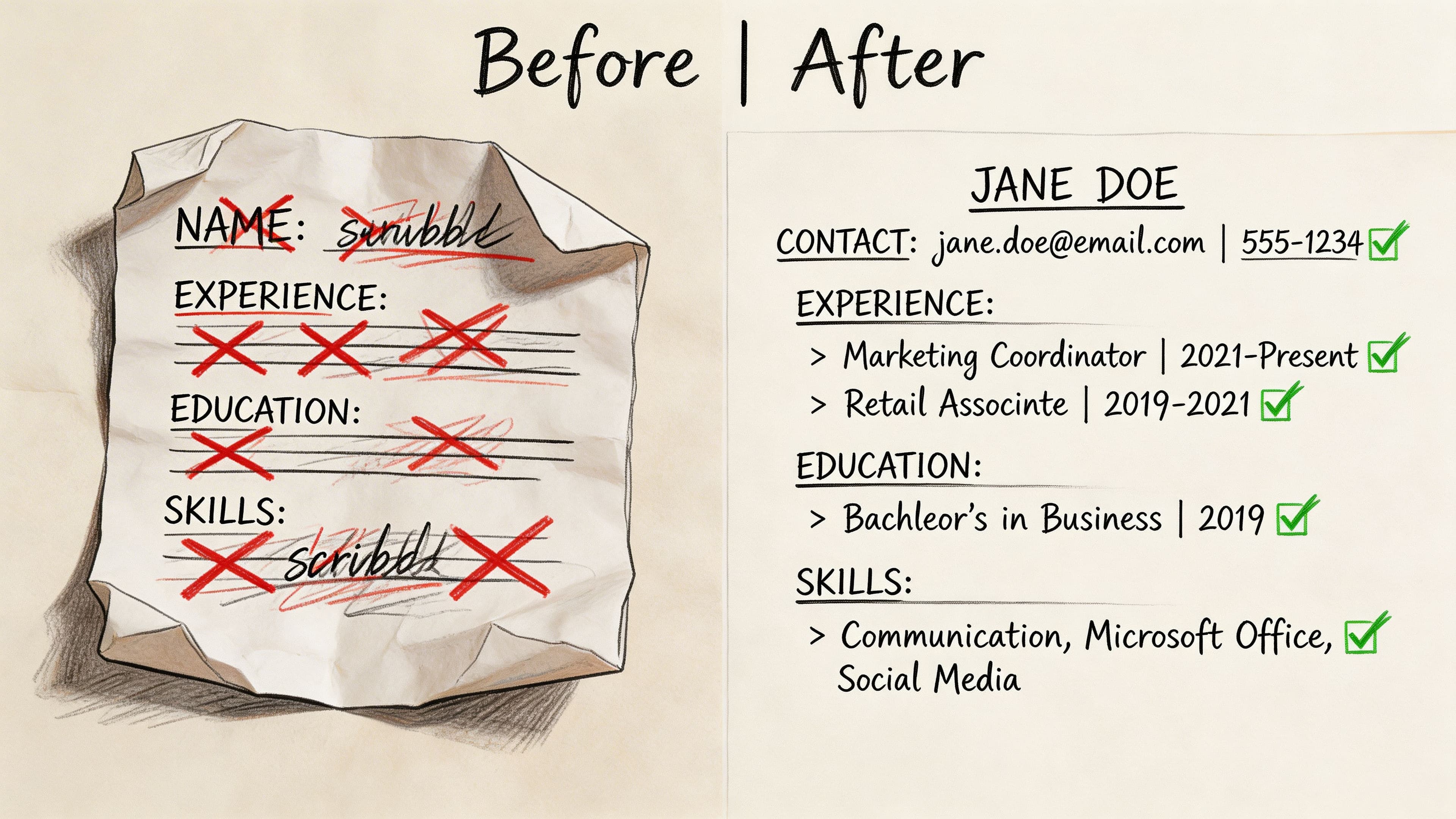 Before and after comparison of messy handwritten resume and clean professional improved resume