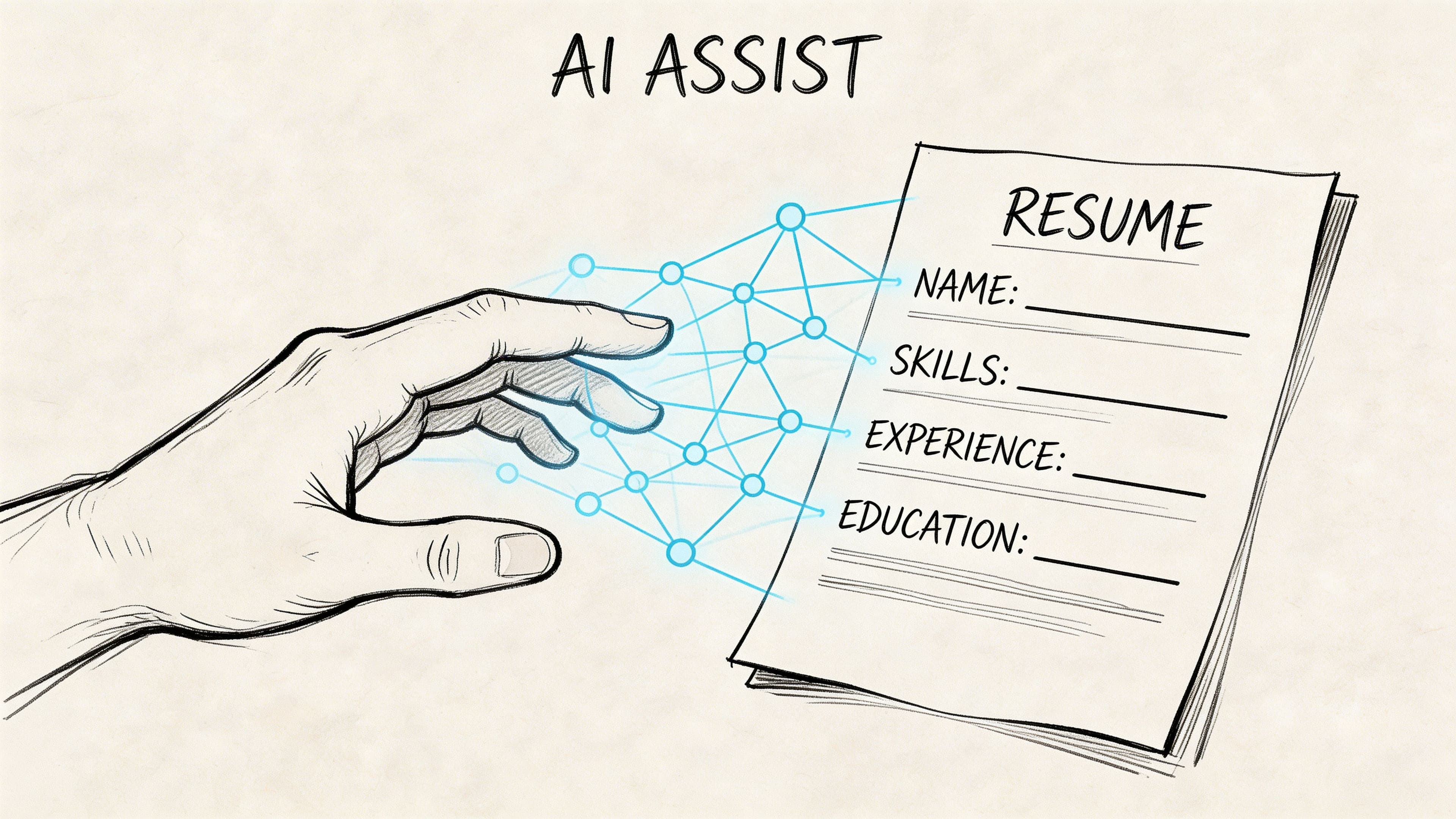 Hand interacting with digital network graphic connected to a resume document illustrating AI-assisted CV generation