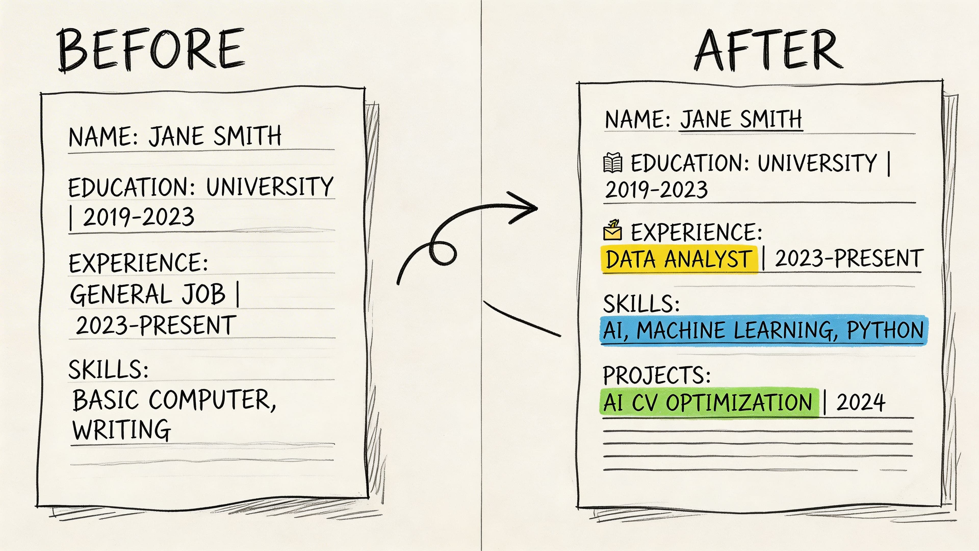 Diagram comparing basic CV before and optimized AI-enhanced CV after for a job applicant