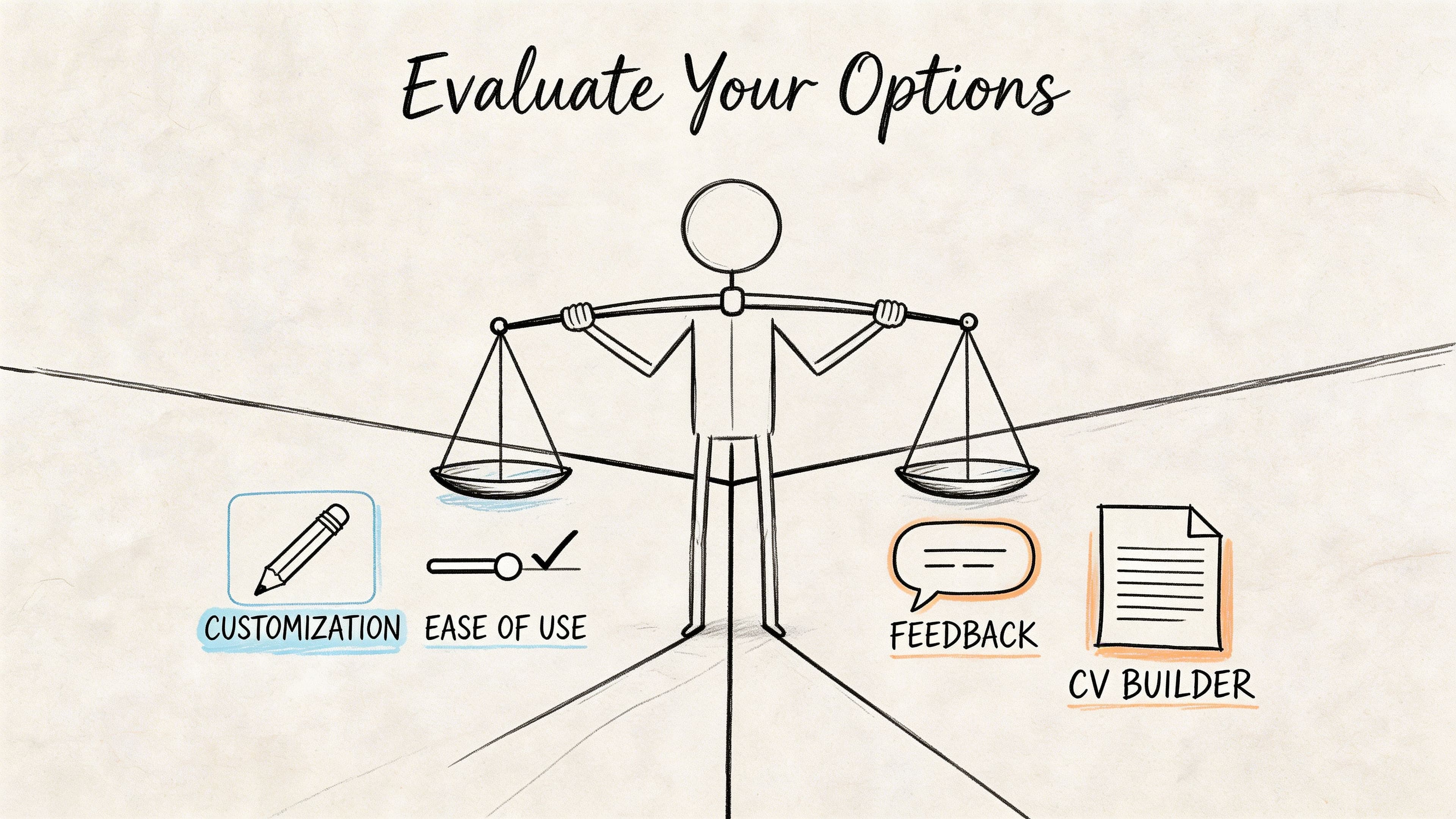 Stick figure balancing scale comparing AI CV builder options like customization ease feedback and templates