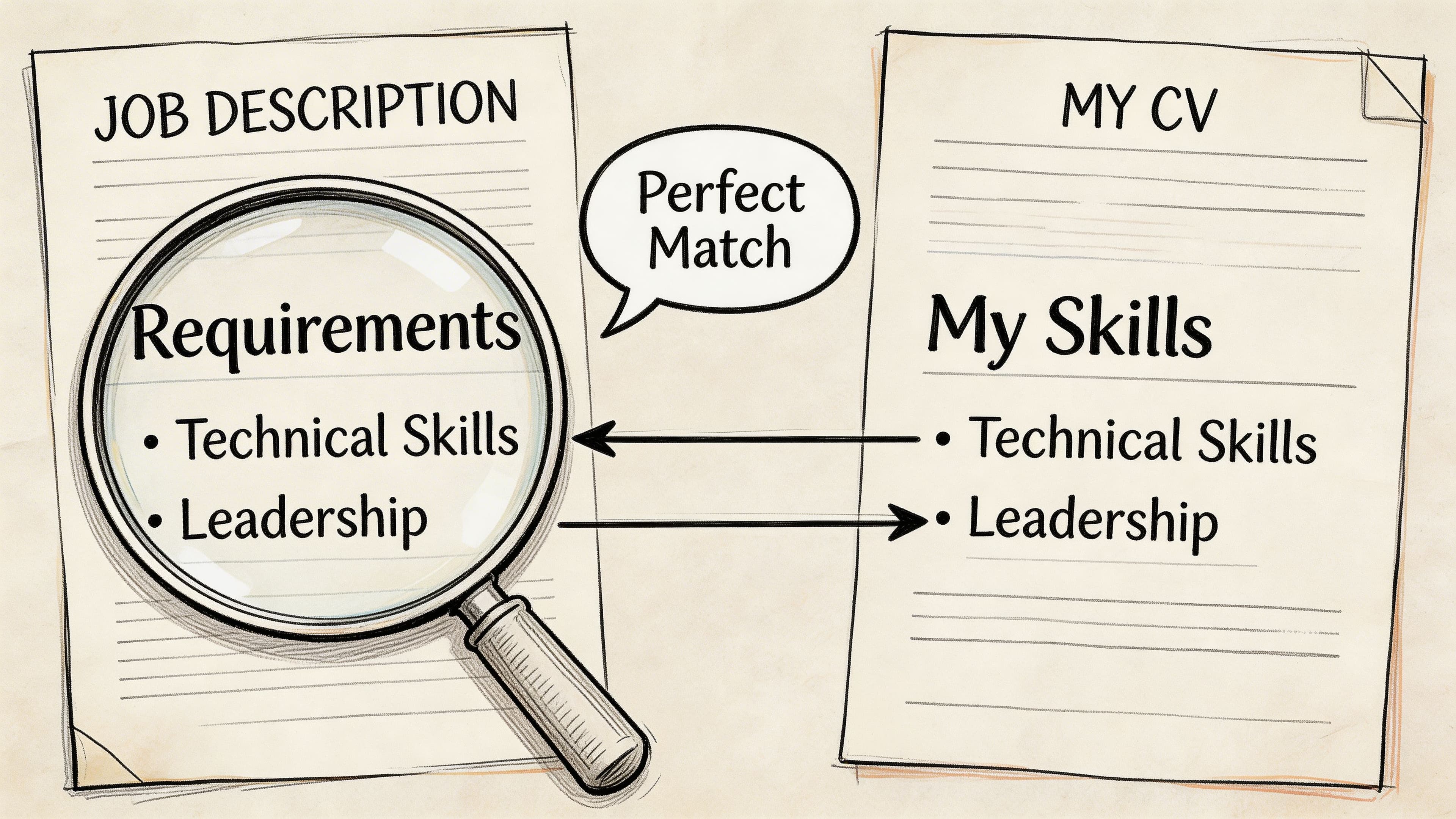 Magnifying glass highlighting perfect match between job description requirements and candidate CV skills