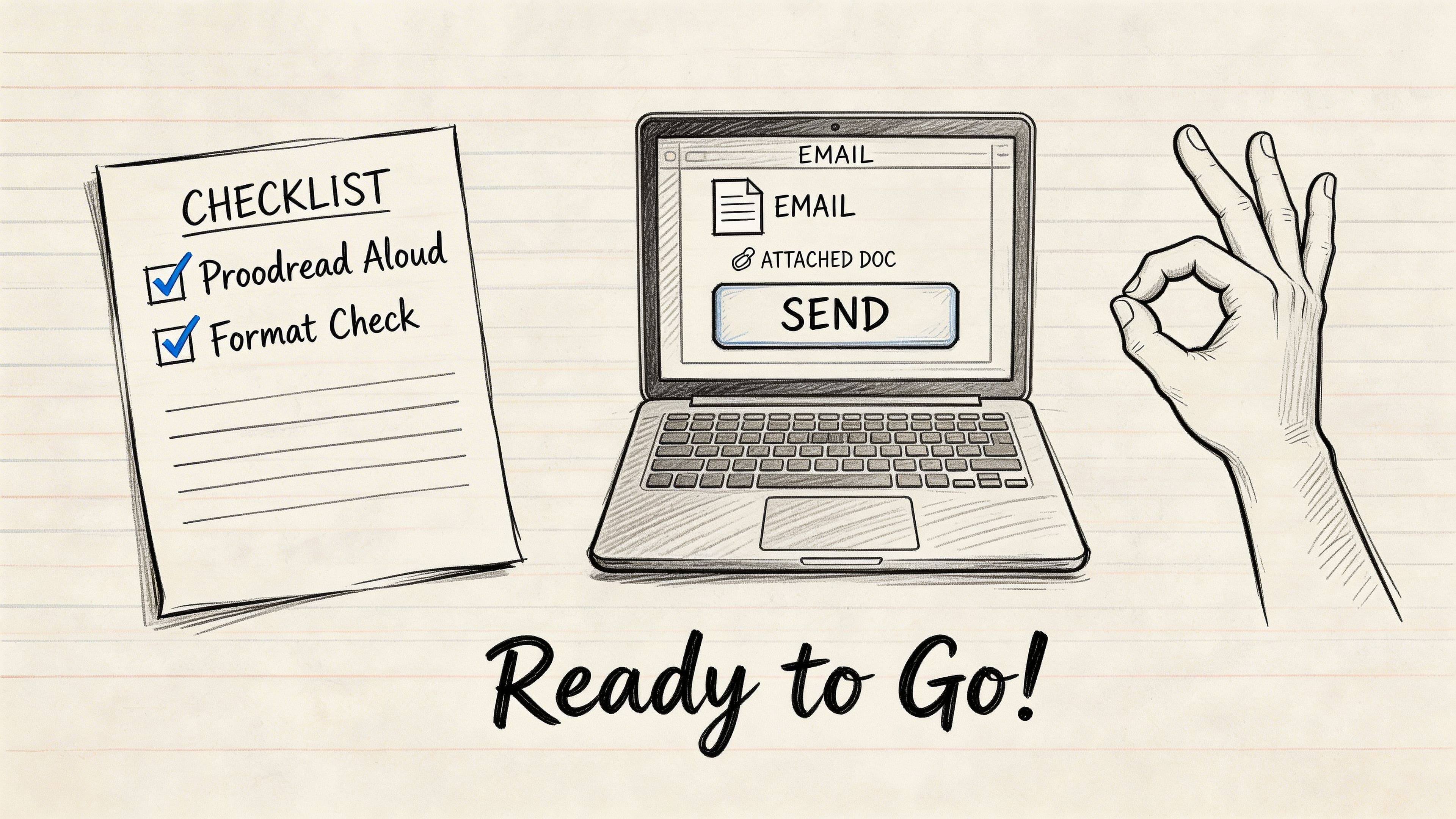 CV final checklist with laptop ready to send email and professional okay hand gesture for application readiness