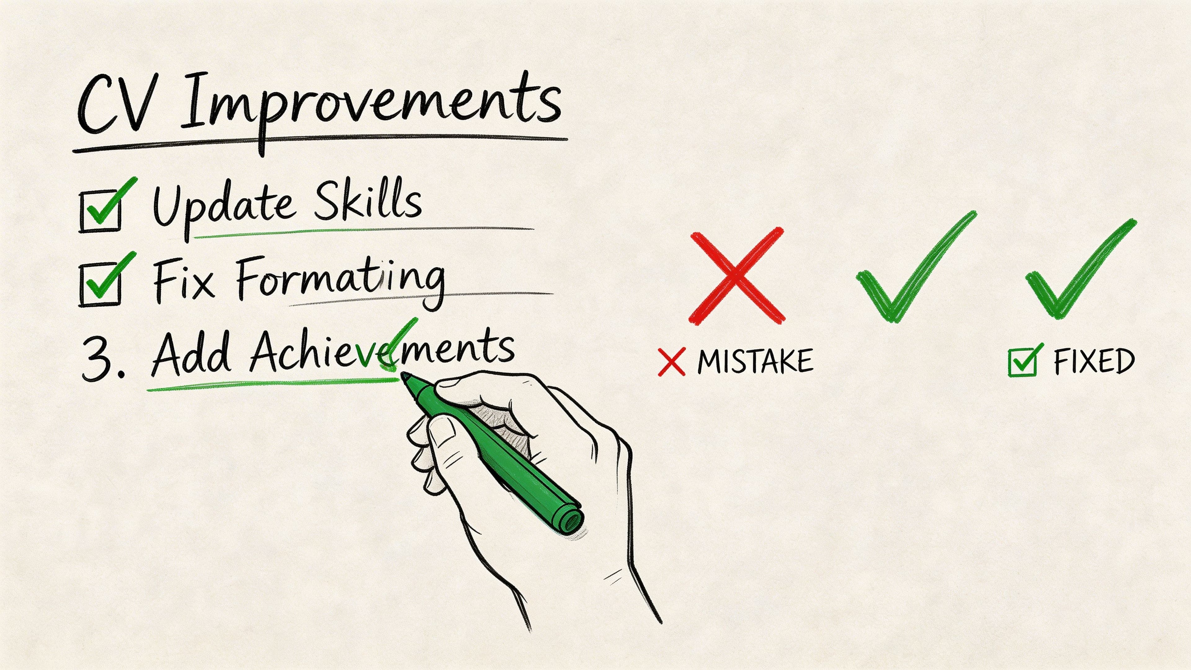 Hand holding green marker checking off improvements on a professional UK CV document