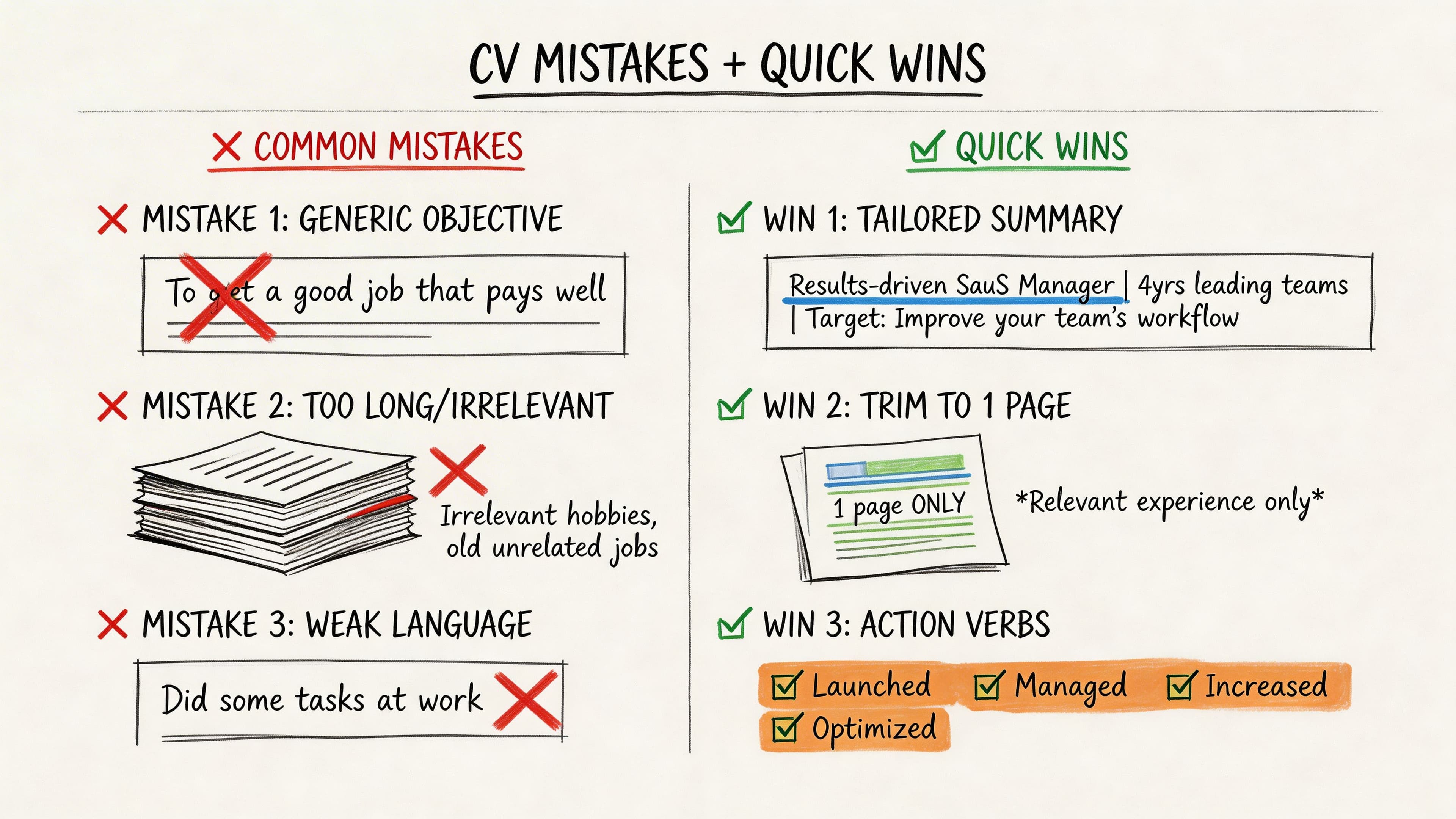 Diagram comparing three common CV mistakes with three quick-win improvements for UK CV optimisation