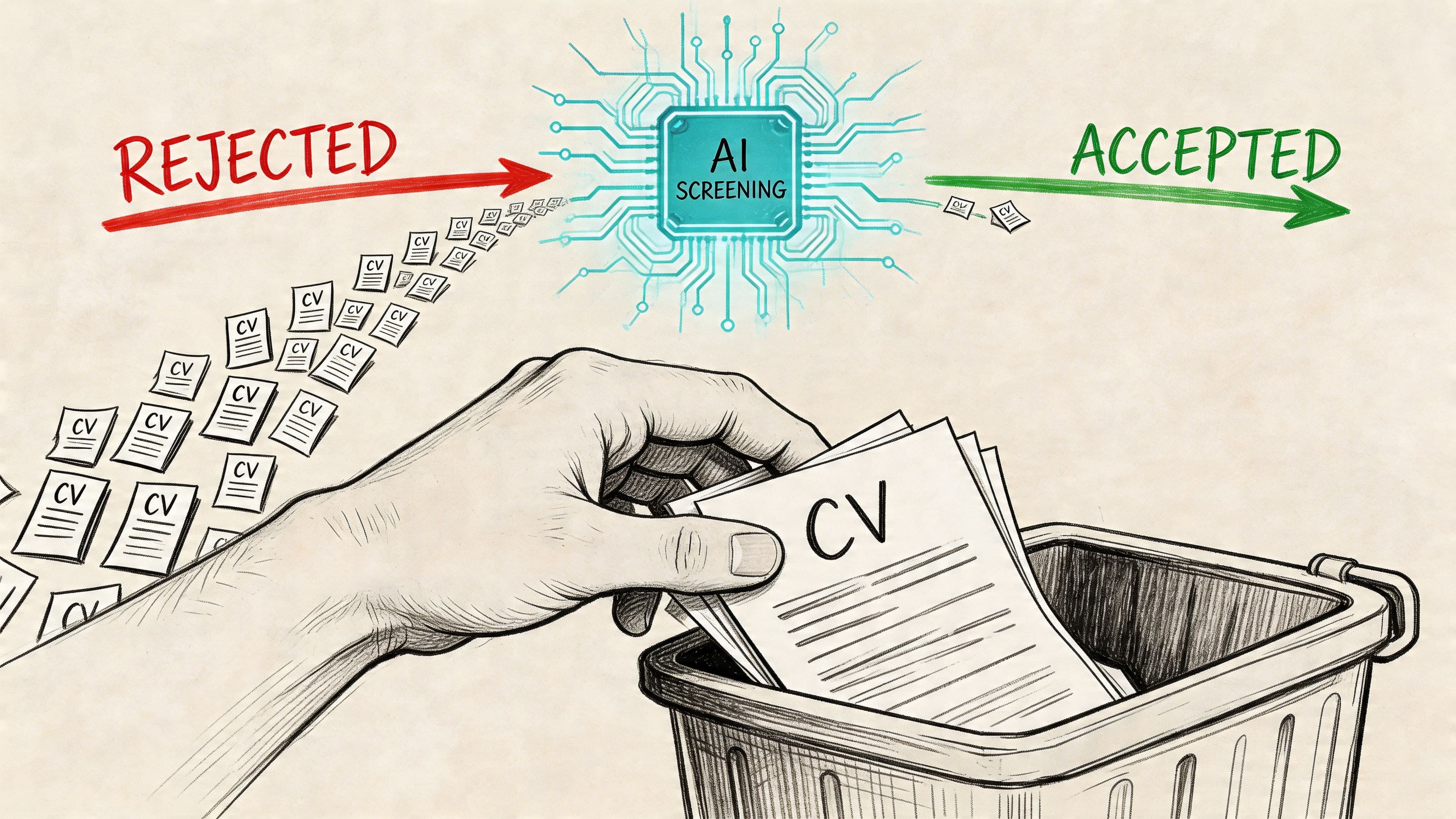 Hand discarding paper resumes into bin while AI technology screens digital CVs in background