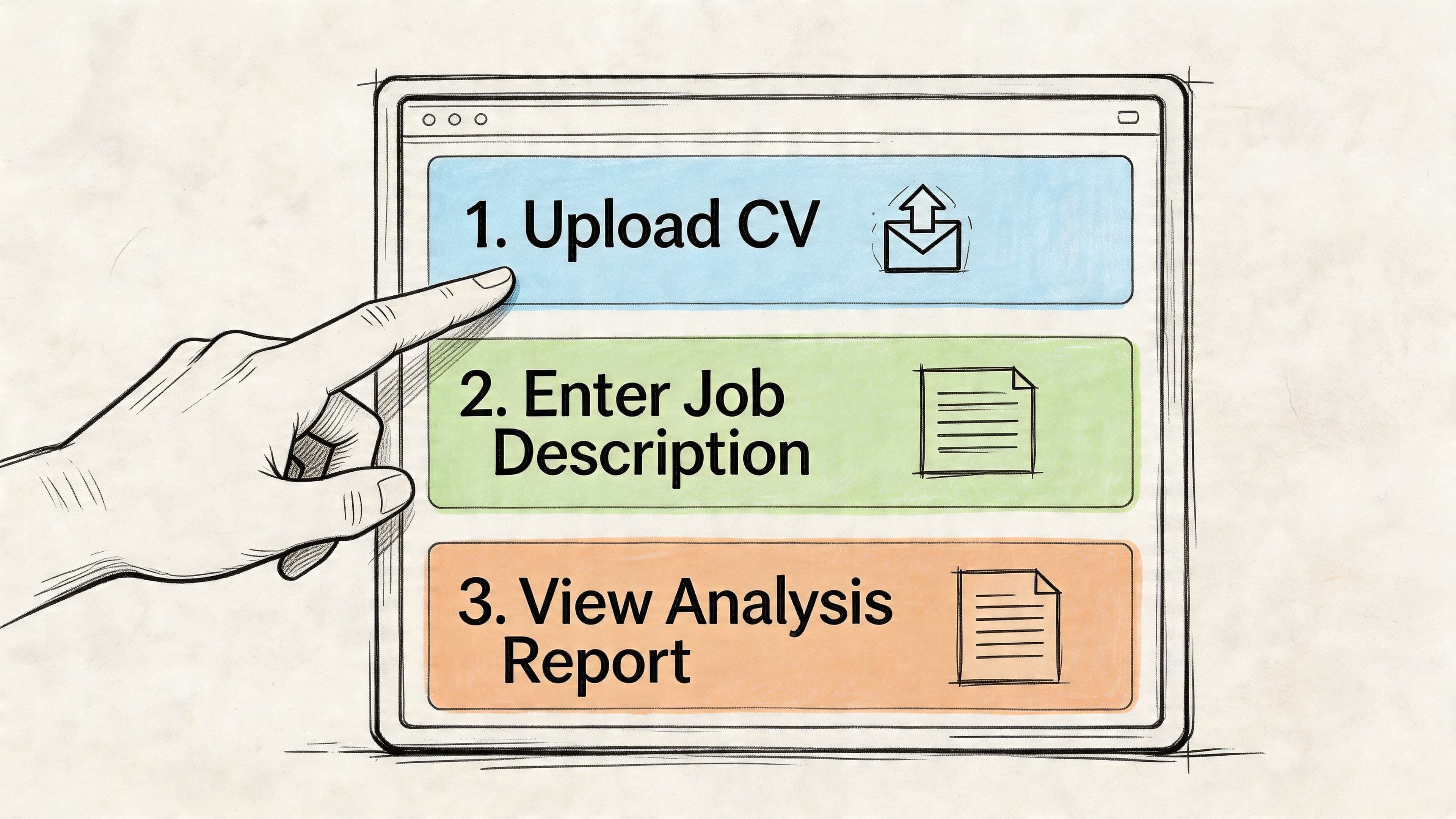 Hand pointing at three-step CV analysis process diagram on digital tablet screen