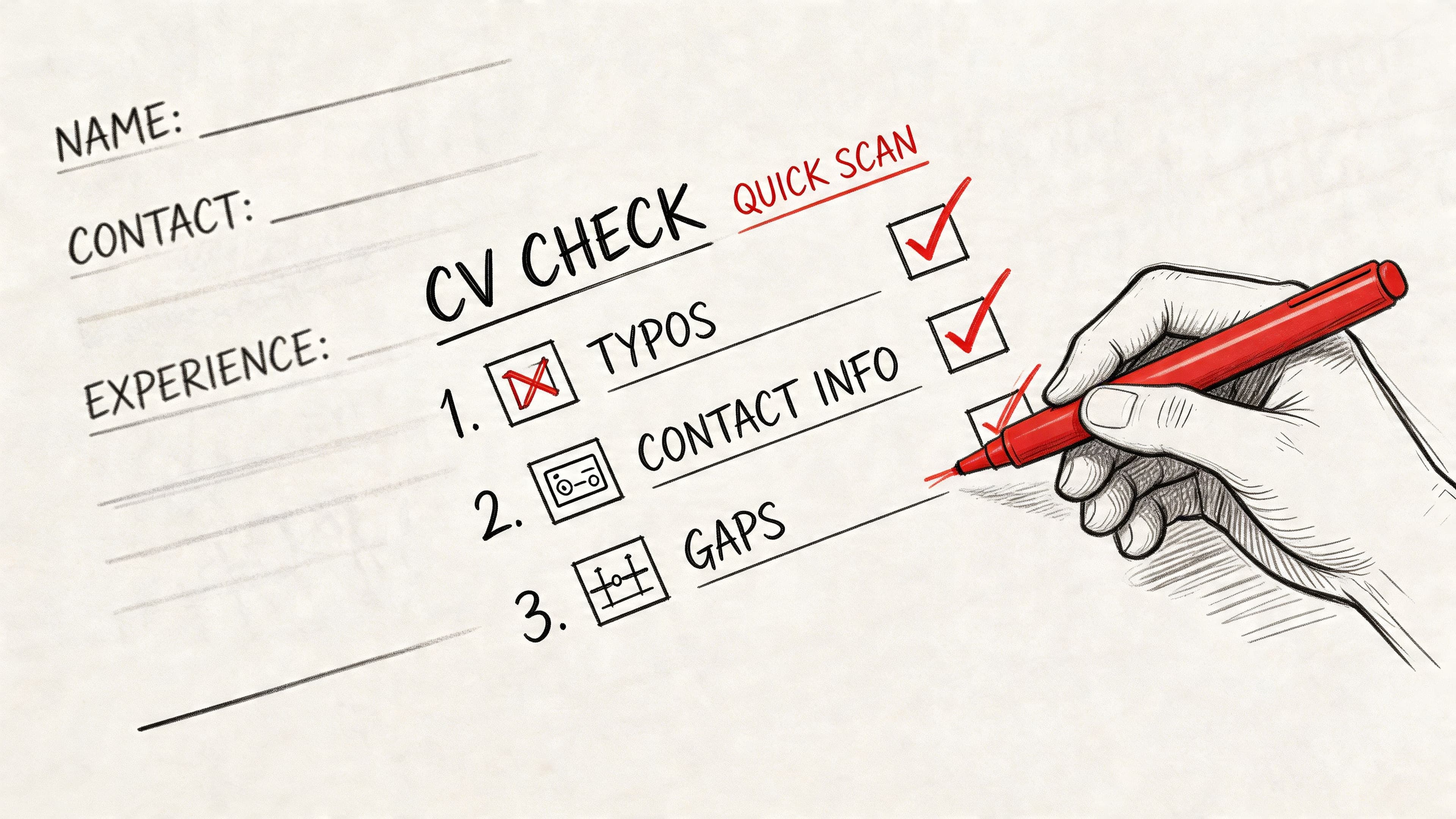 Hand holding red pen marking a CV health checklist on paper for quick resume audit