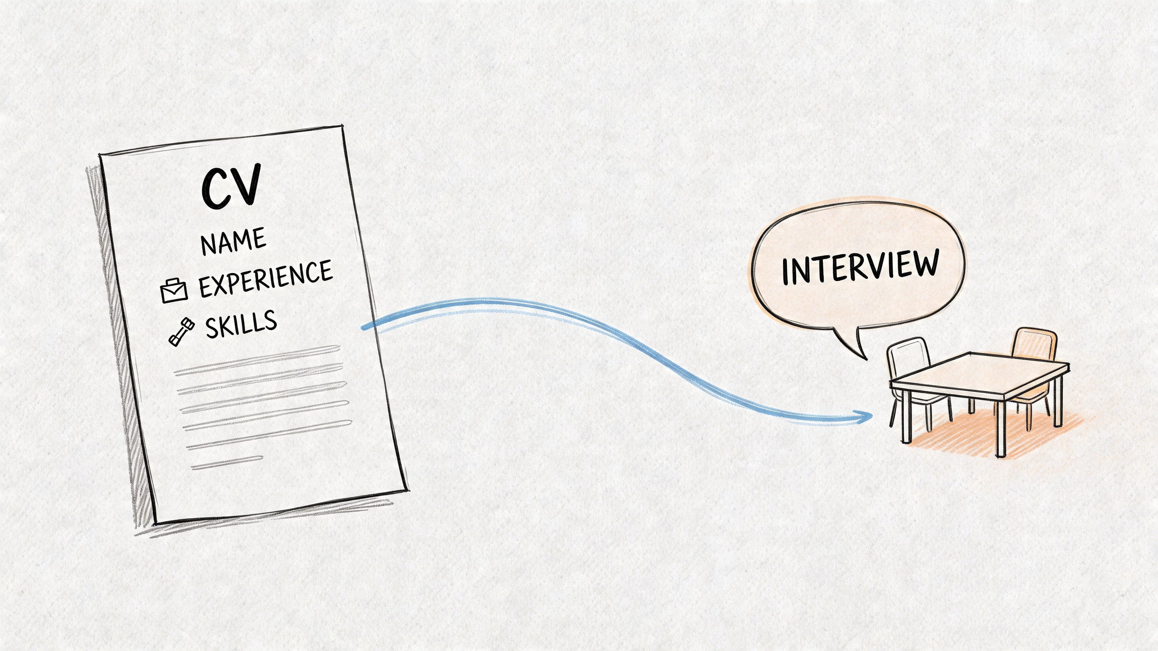 Hand-drawn illustration linking an updated CV to a job interview meeting table and chairs
