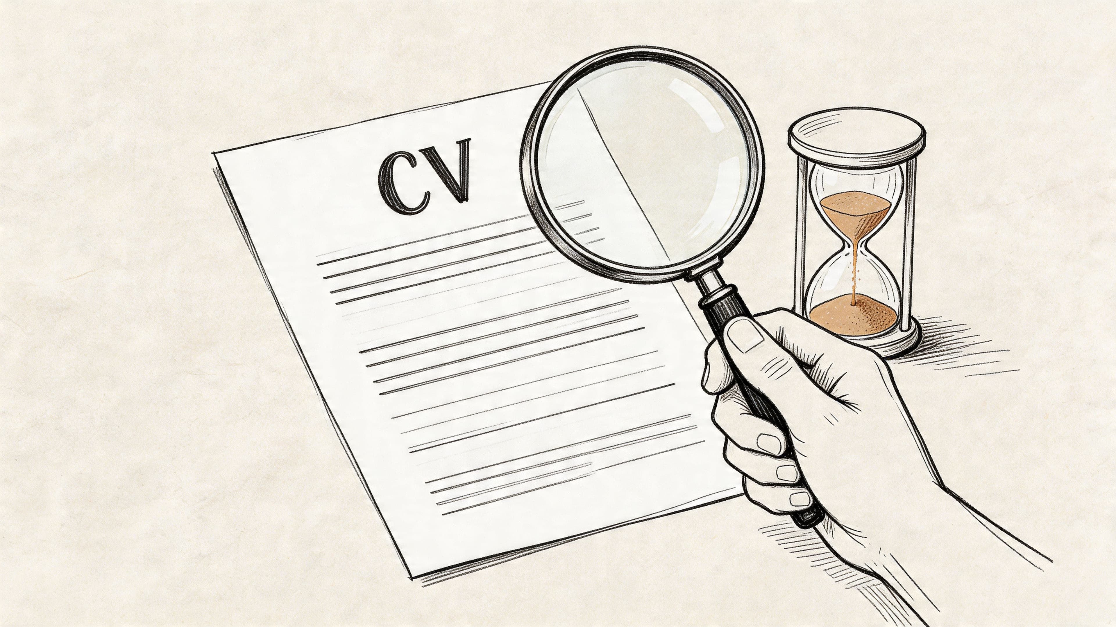 Hand holding magnifying glass over printed resume next to hourglass symbolising quick recruiter CV screening