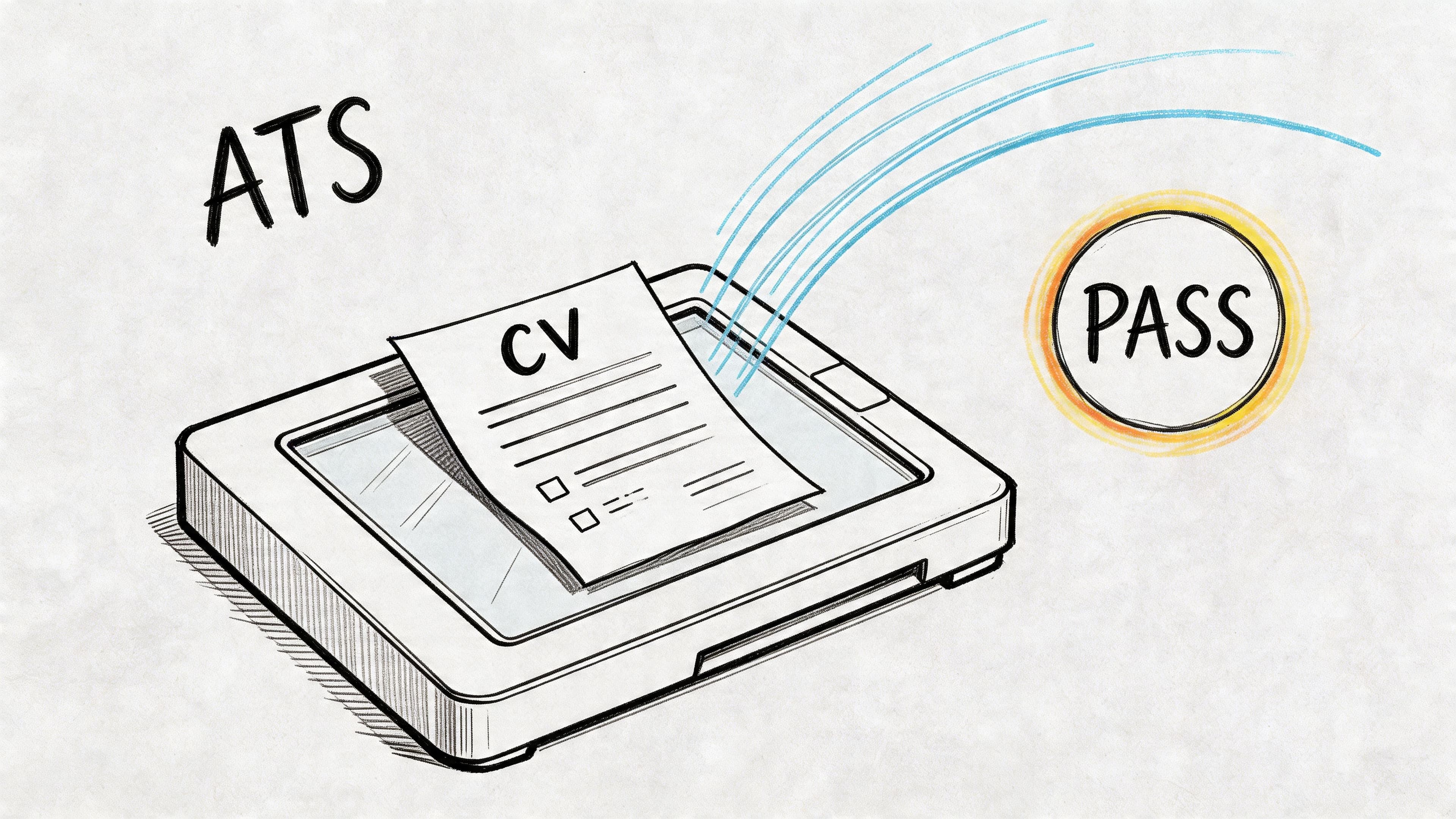 Hand-drawn illustration of a CV document scanned by applicant tracking system software with pass result