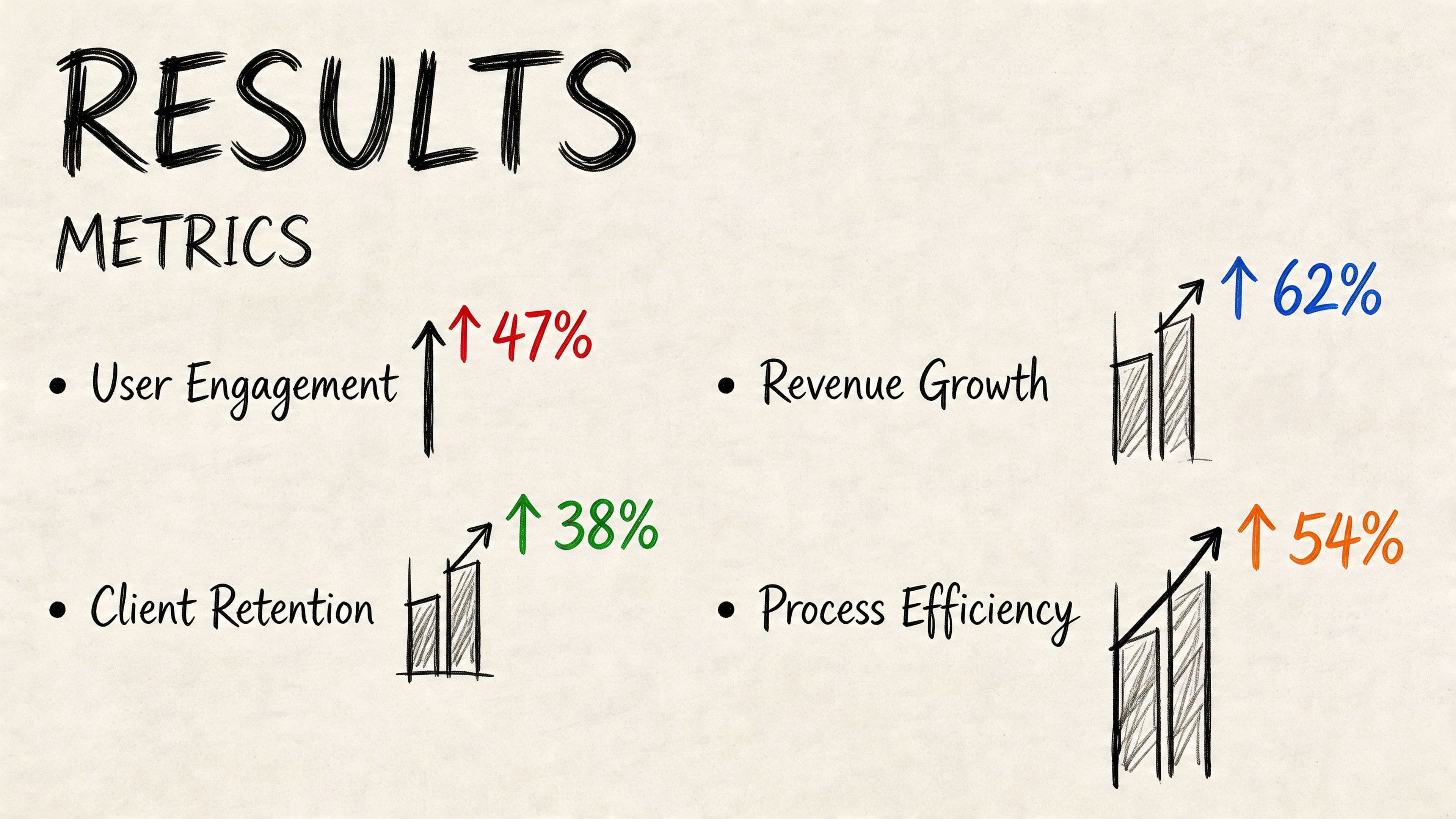 Hand-drawn business chart showing positive growth in user engagement, revenue, retention and process efficiency for CV metrics
