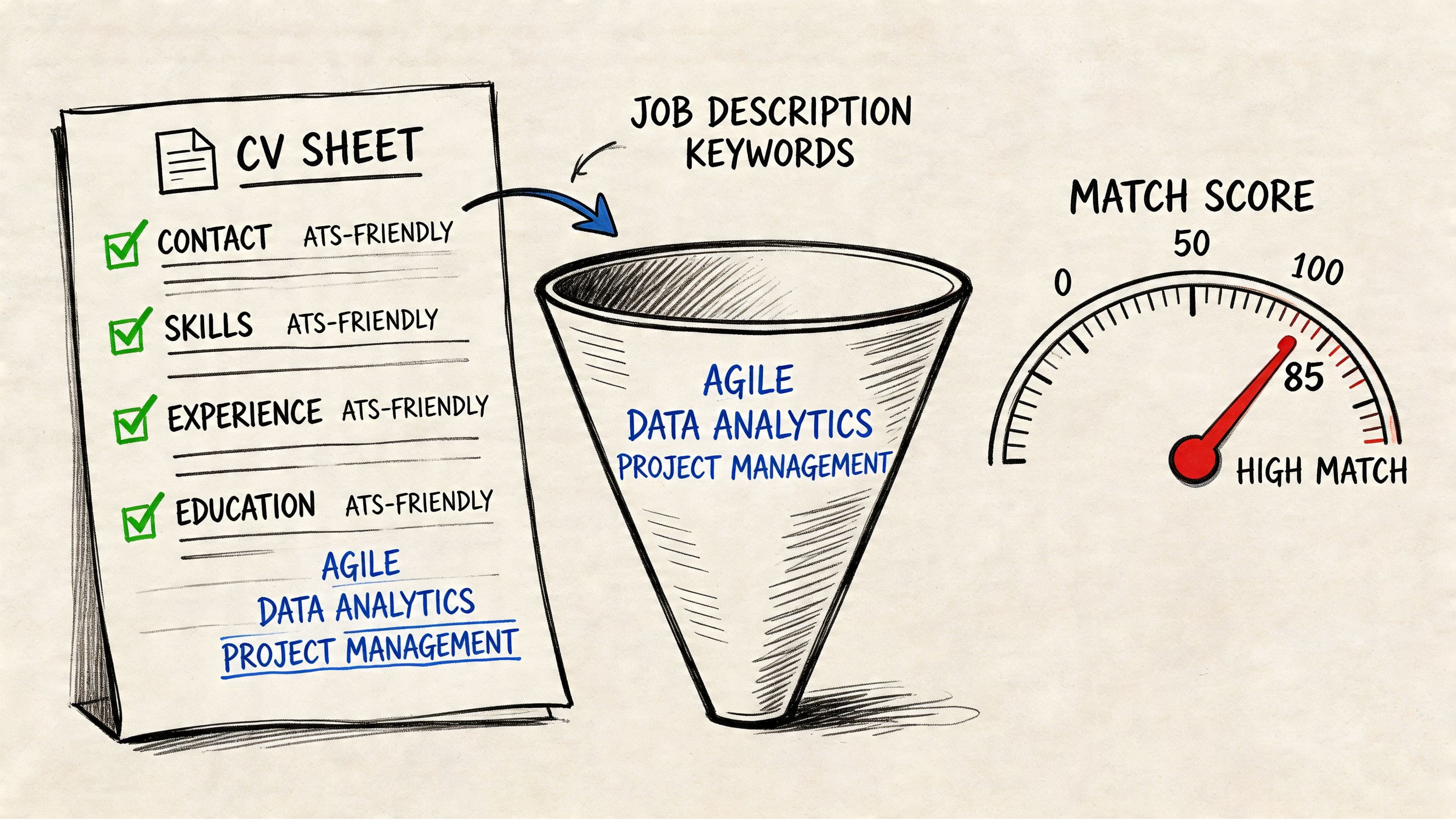 Visual guide showing CV keyword optimisation improving job application match and ATS scores