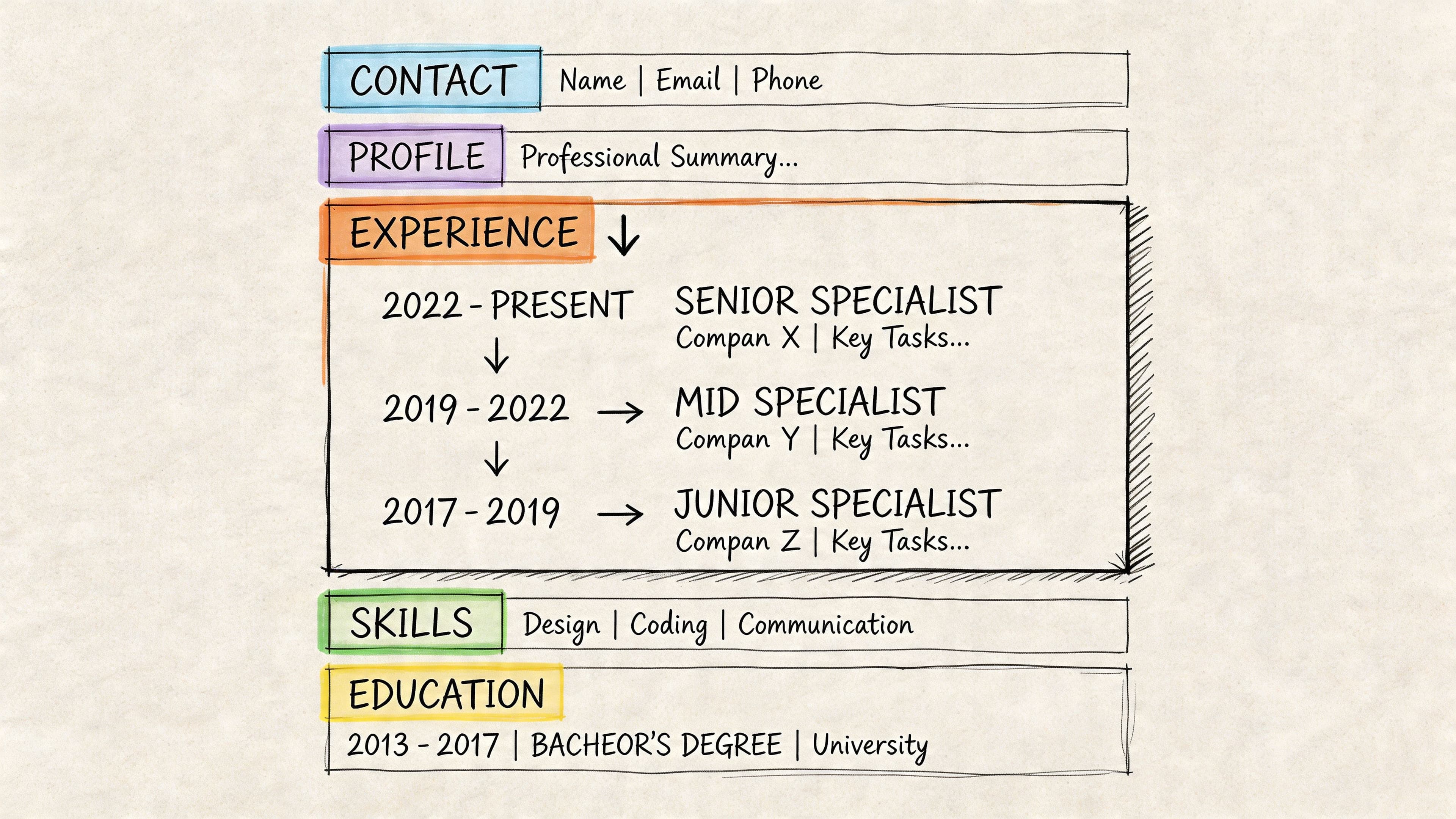 Hand-drawn infographic of professional CV layout with contact, profile, experience, skills, and education sections