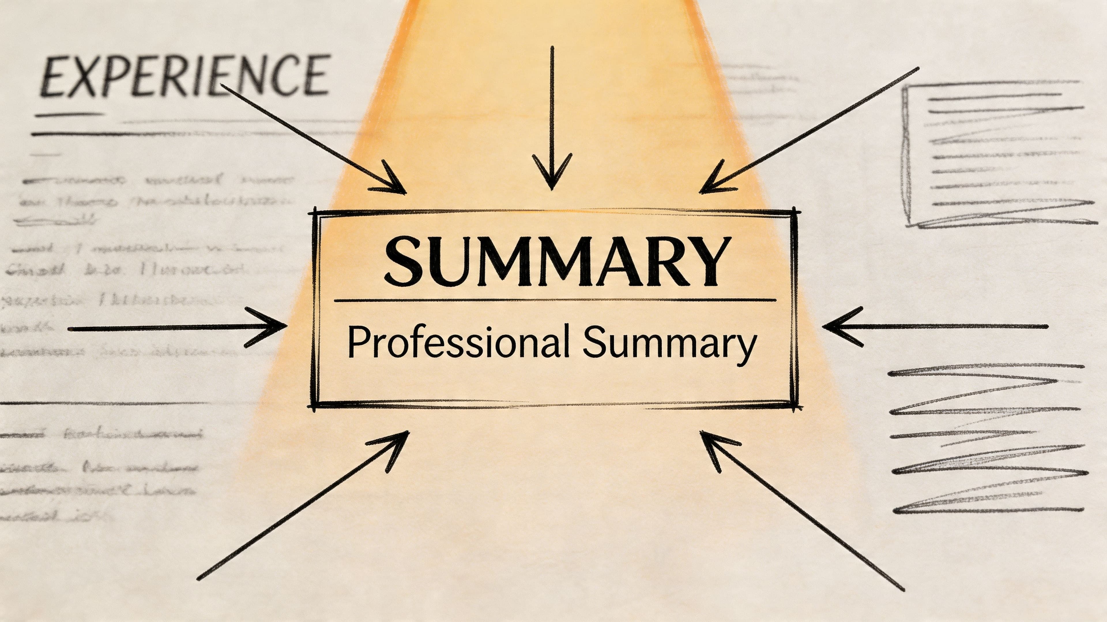 Professional CV summary layout with arrows highlighting the profile section on textured background