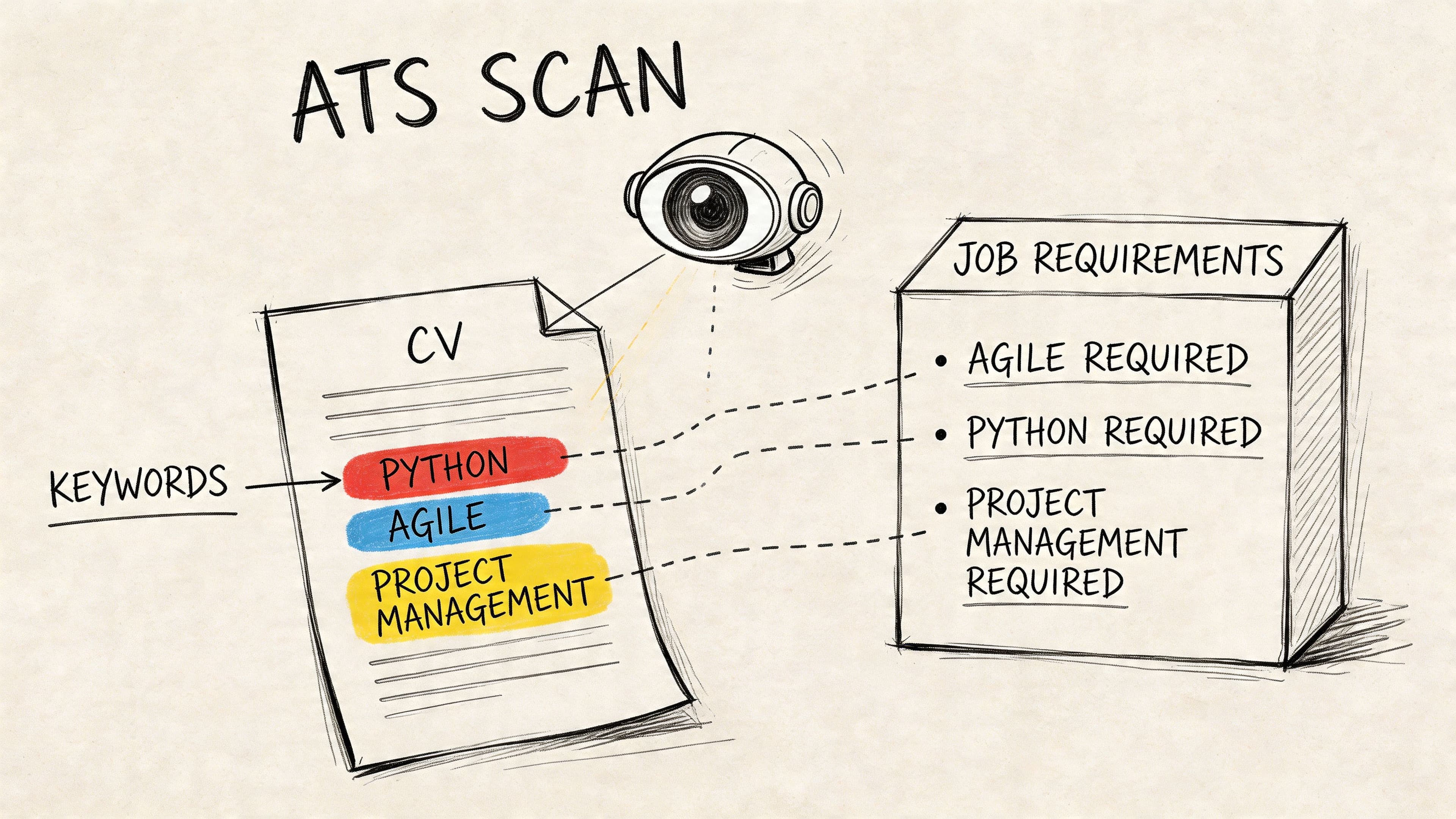 Hand-drawn illustration of applicant tracking system scanning a CV to match keywords with job requirements
