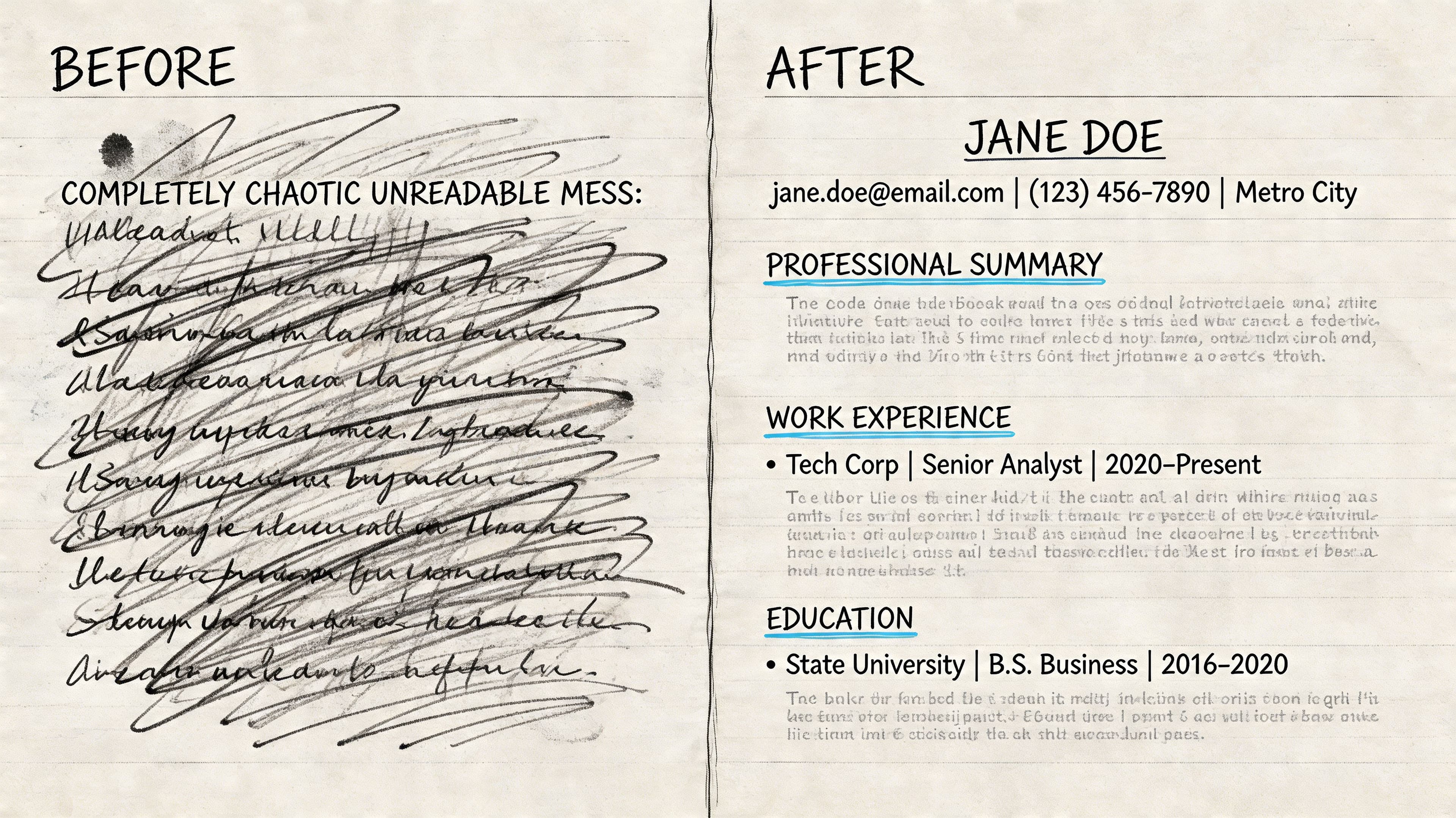 Before and after comparison of messy CV versus clean structured professional resume layout for readability