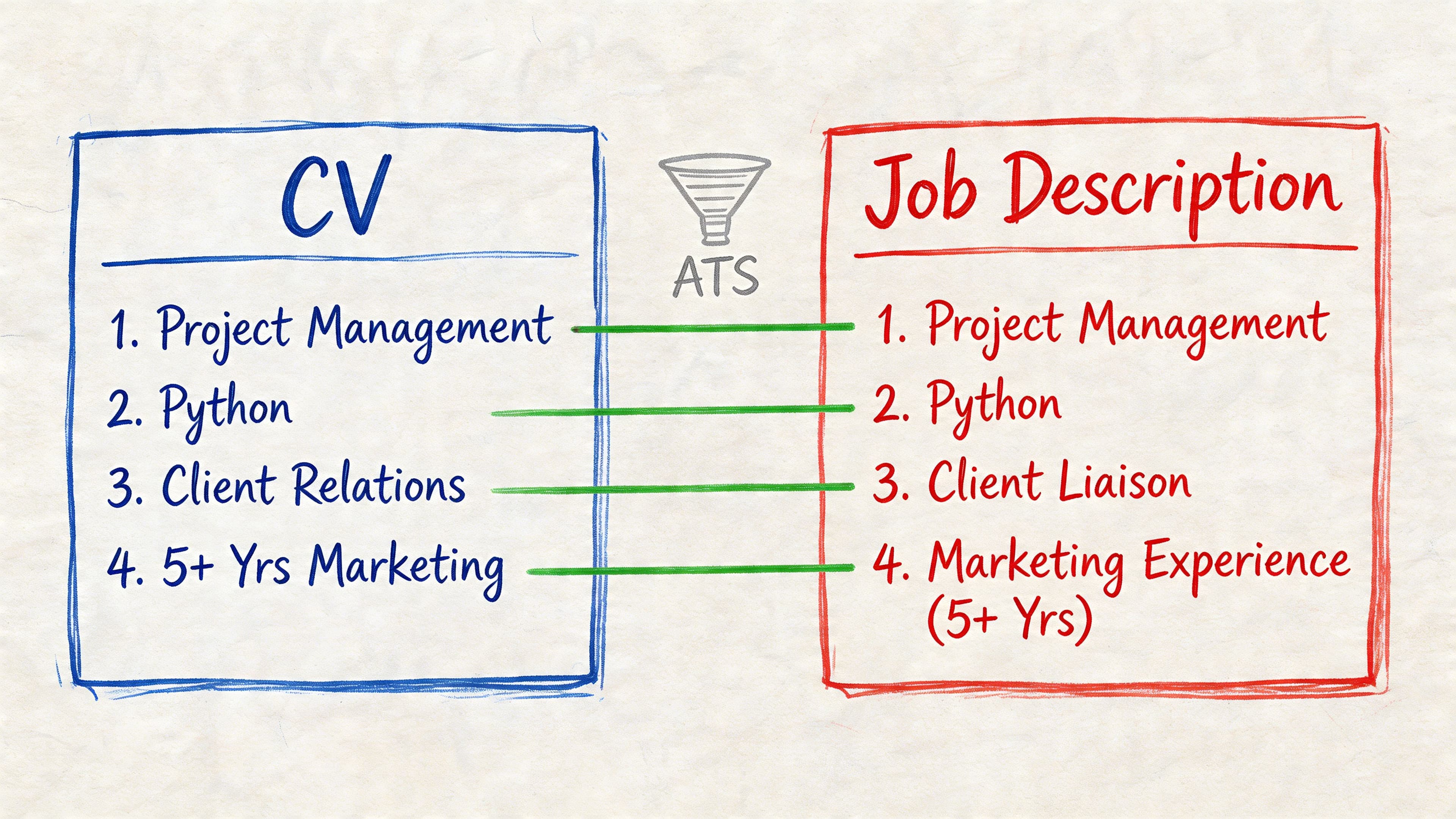 Diagram showing applicant tracking system filtering a CV against job description requirements