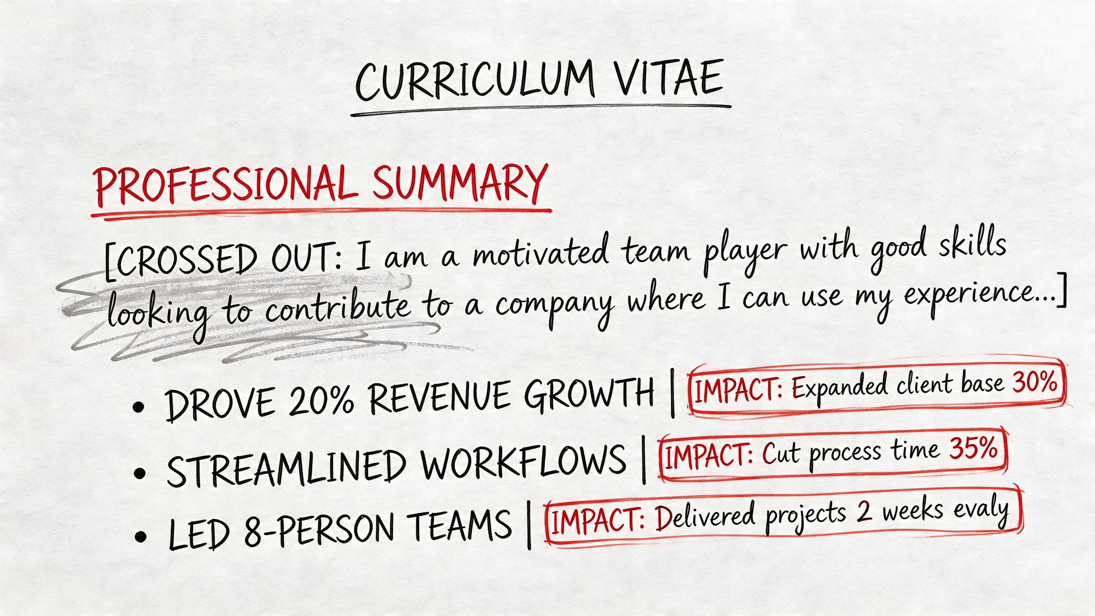 CV professional summary with bullet points highlighting impact metrics and career achievements