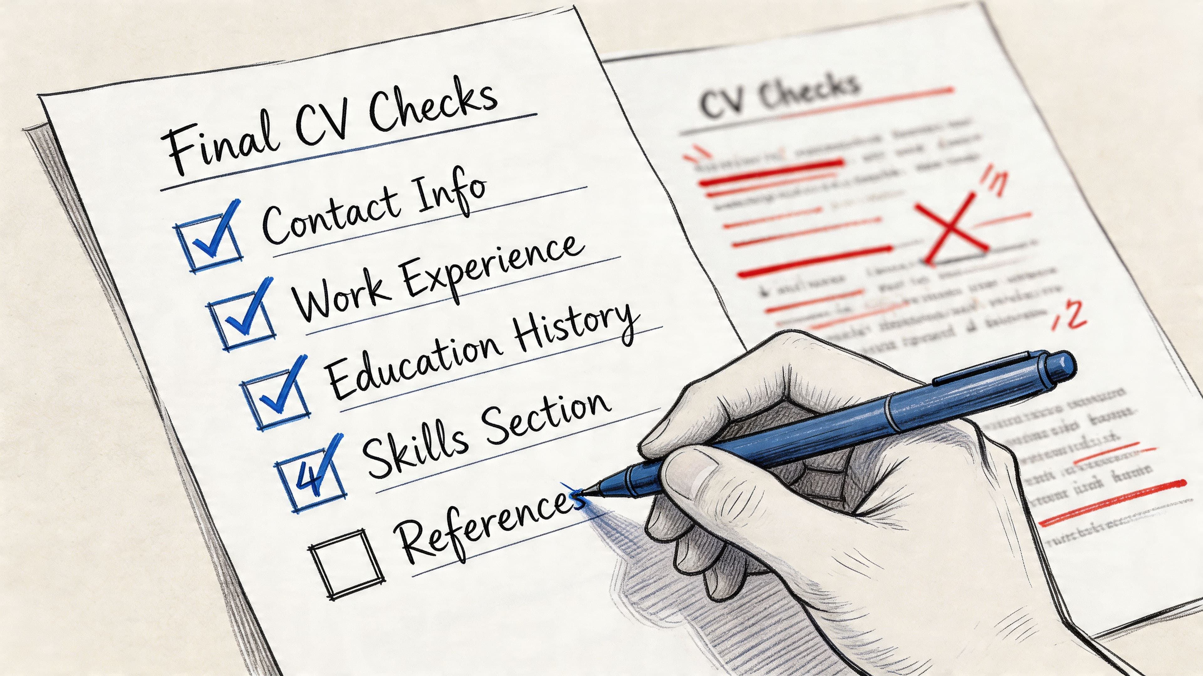 Hand with pen checking off items on a paper final CV checklist before job application