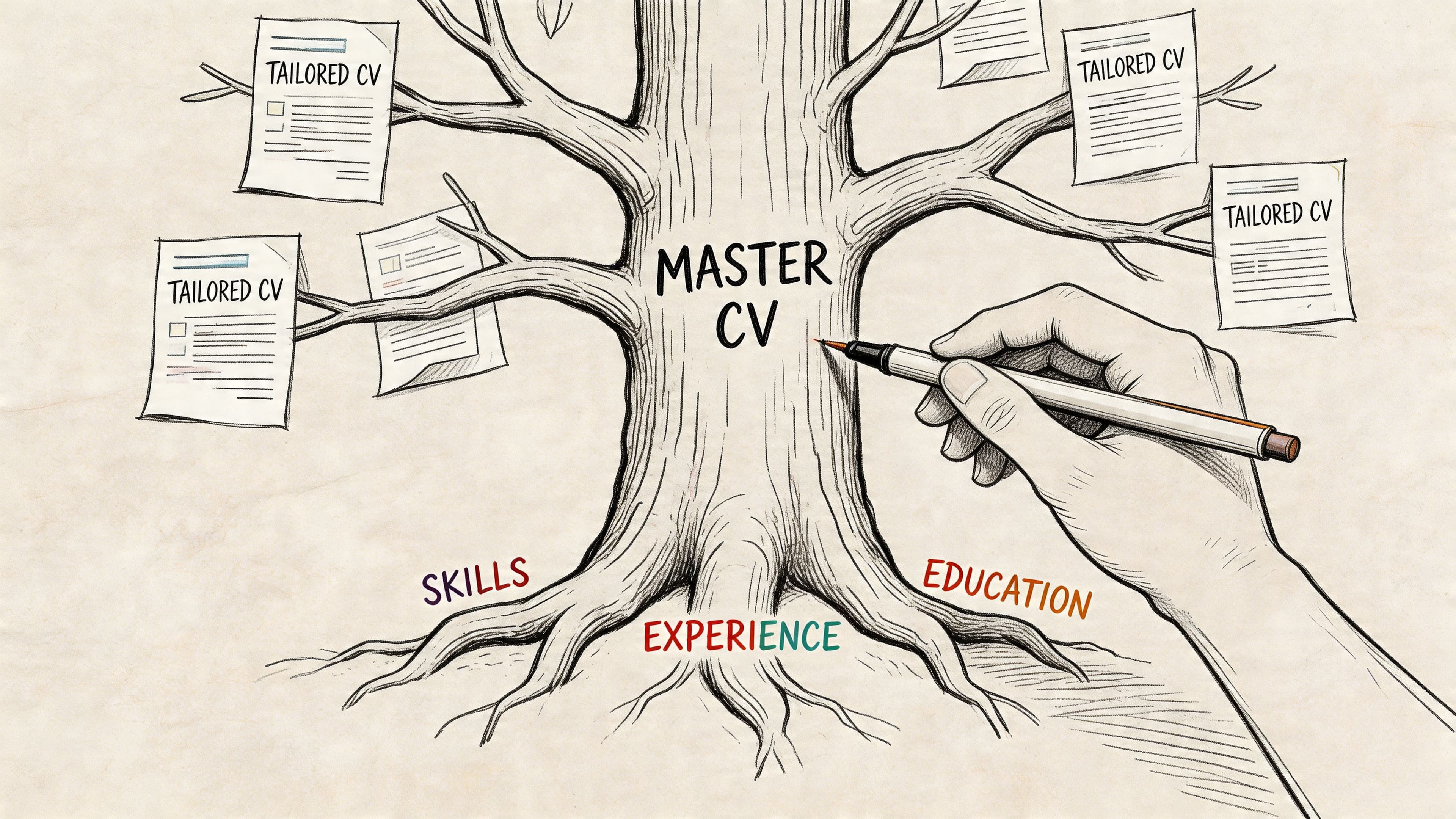 Hand-drawn tree sketch with Master CV as trunk and tailored CV documents as branches for job applications