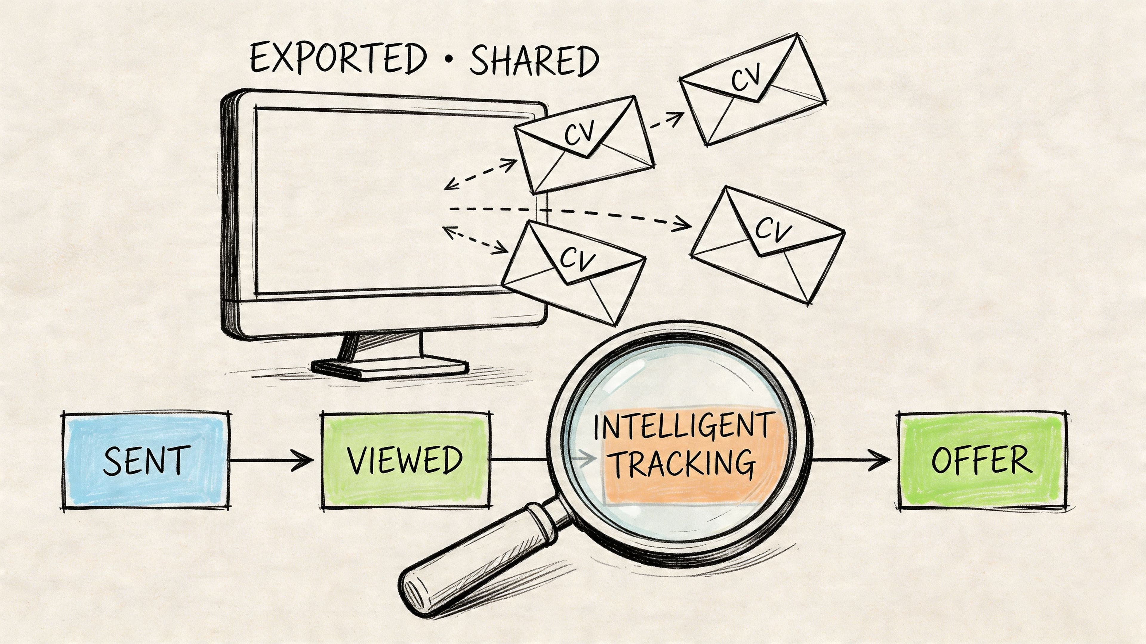 Hand-drawn illustration of CV export and application tracking flow from submission to job offer