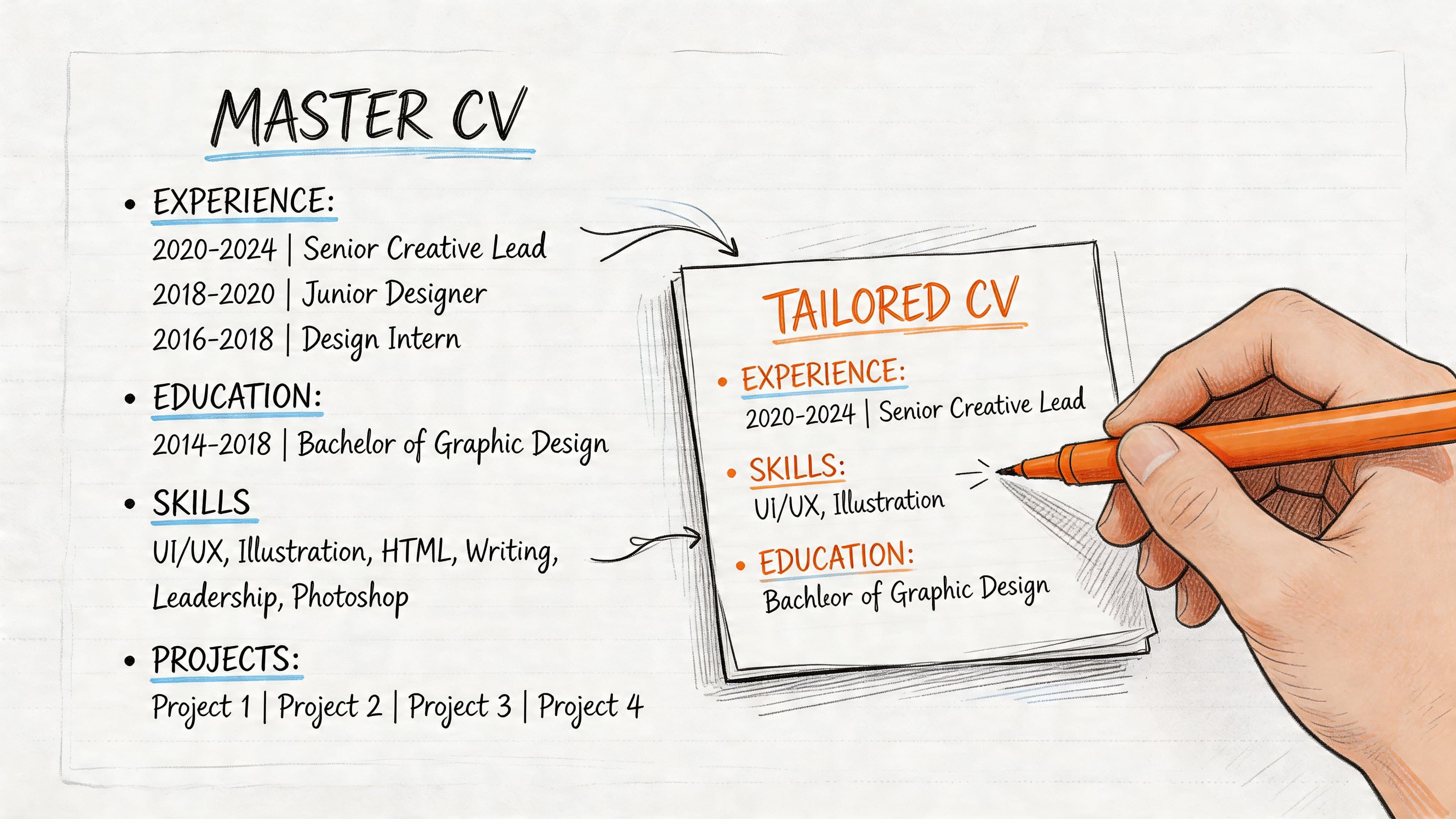 Illustration of master CV filtered into a shorter tailored CV with hand holding marker for editing