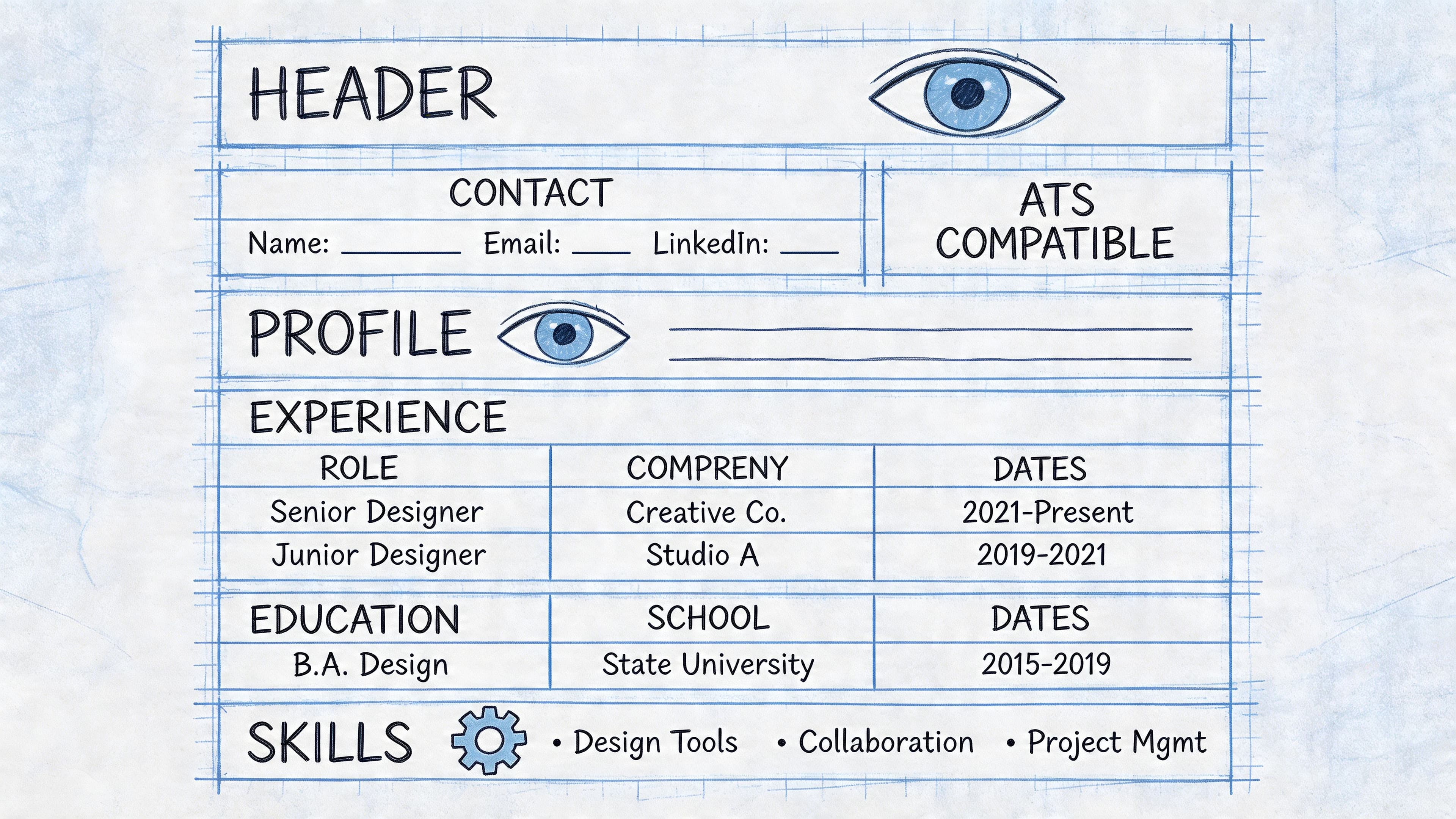 Hand-drawn blueprint style infographic of ATS-friendly CV section structure for UK job seekers