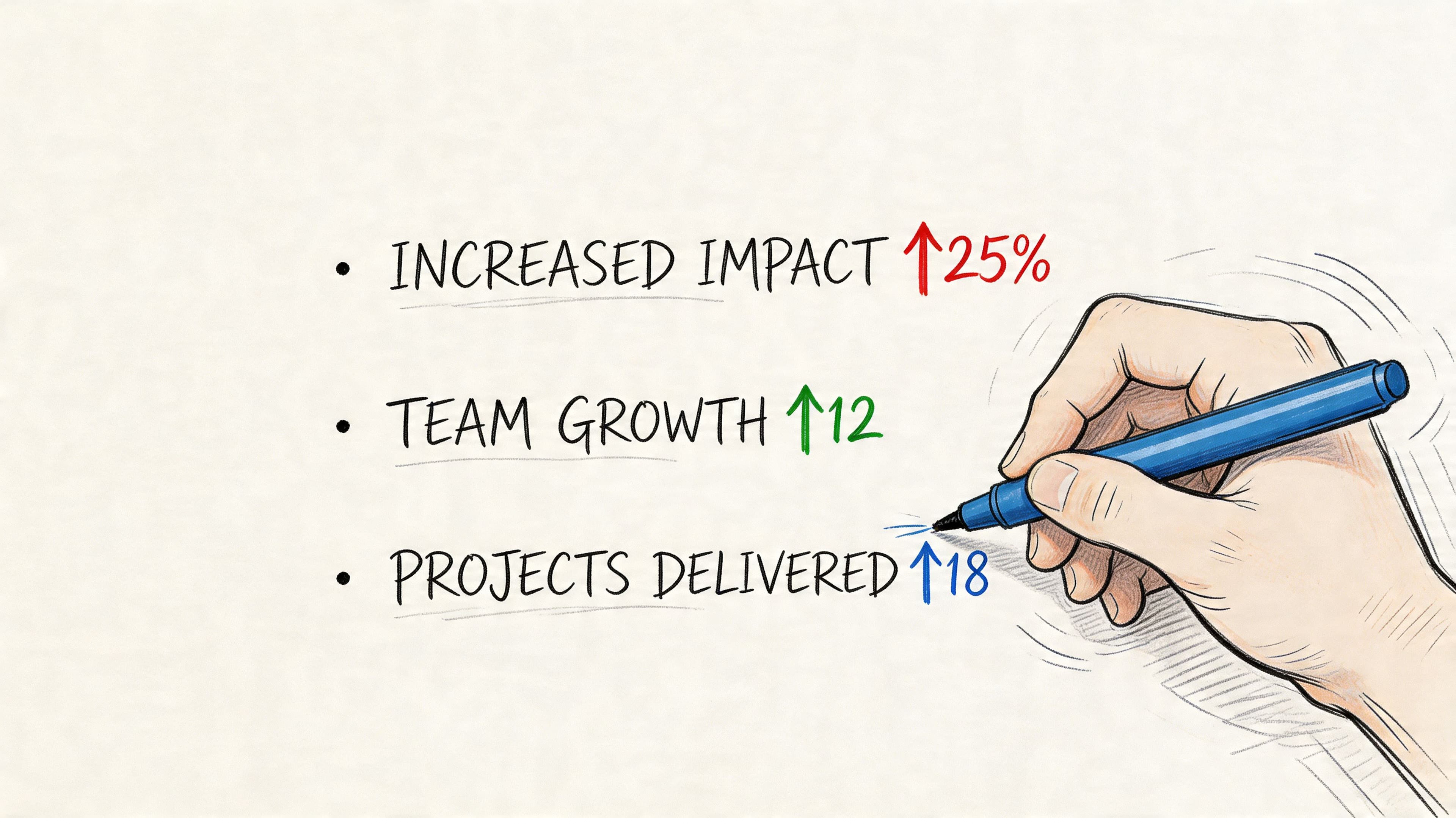 Hand with blue marker writing business growth stats and arrows on white background for CV impact