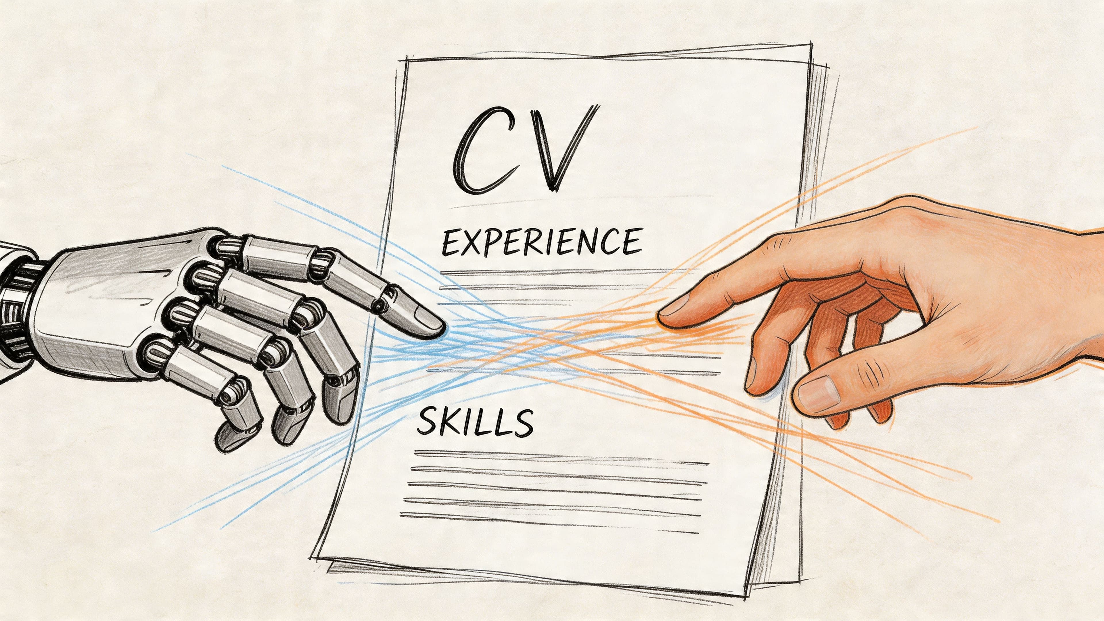 Robot hand and human hand reaching toward a CV document for hybrid AI and human review