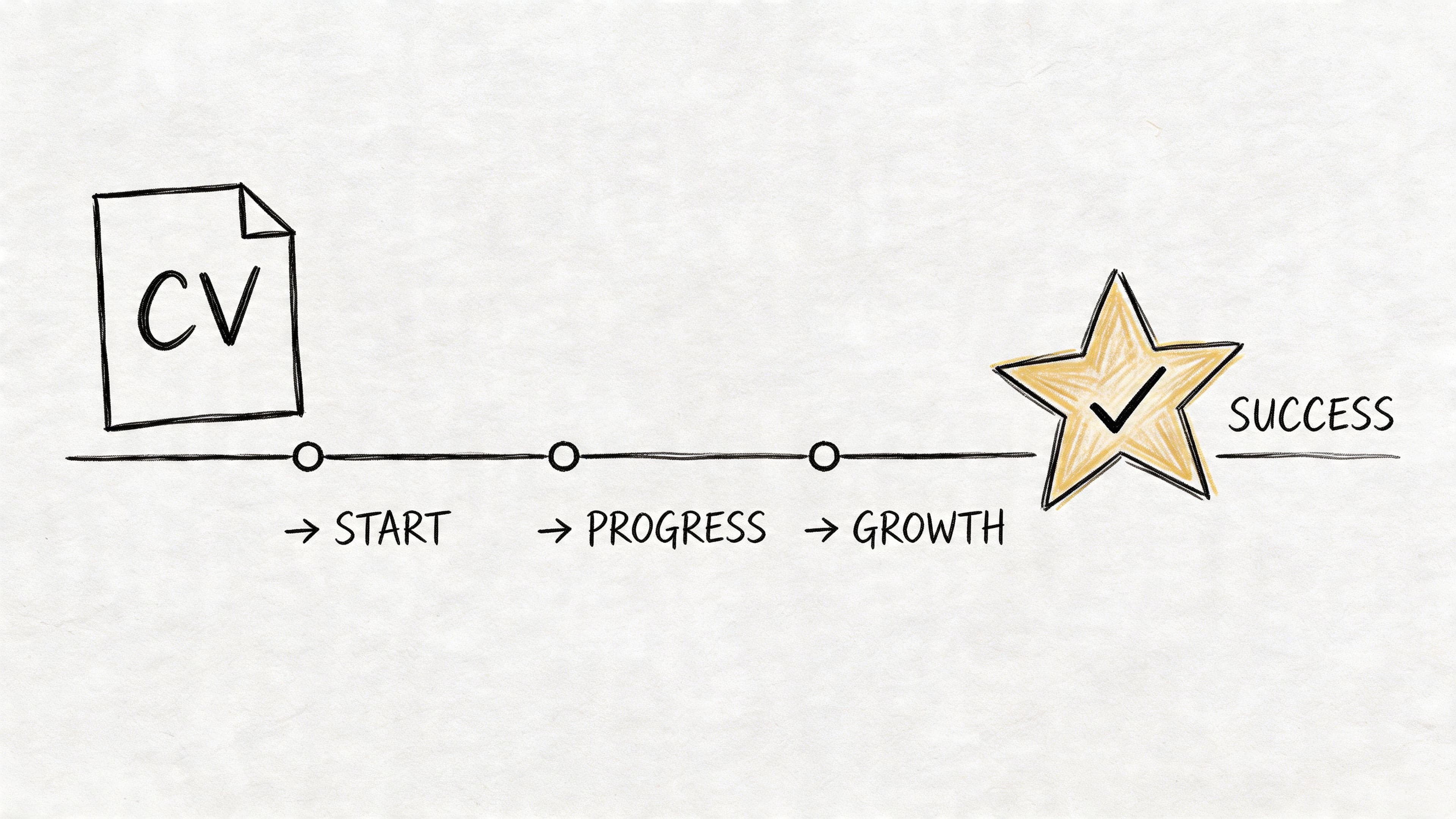 Hand-drawn roadmap illustration from CV document to career success through start, progress, and growth stages