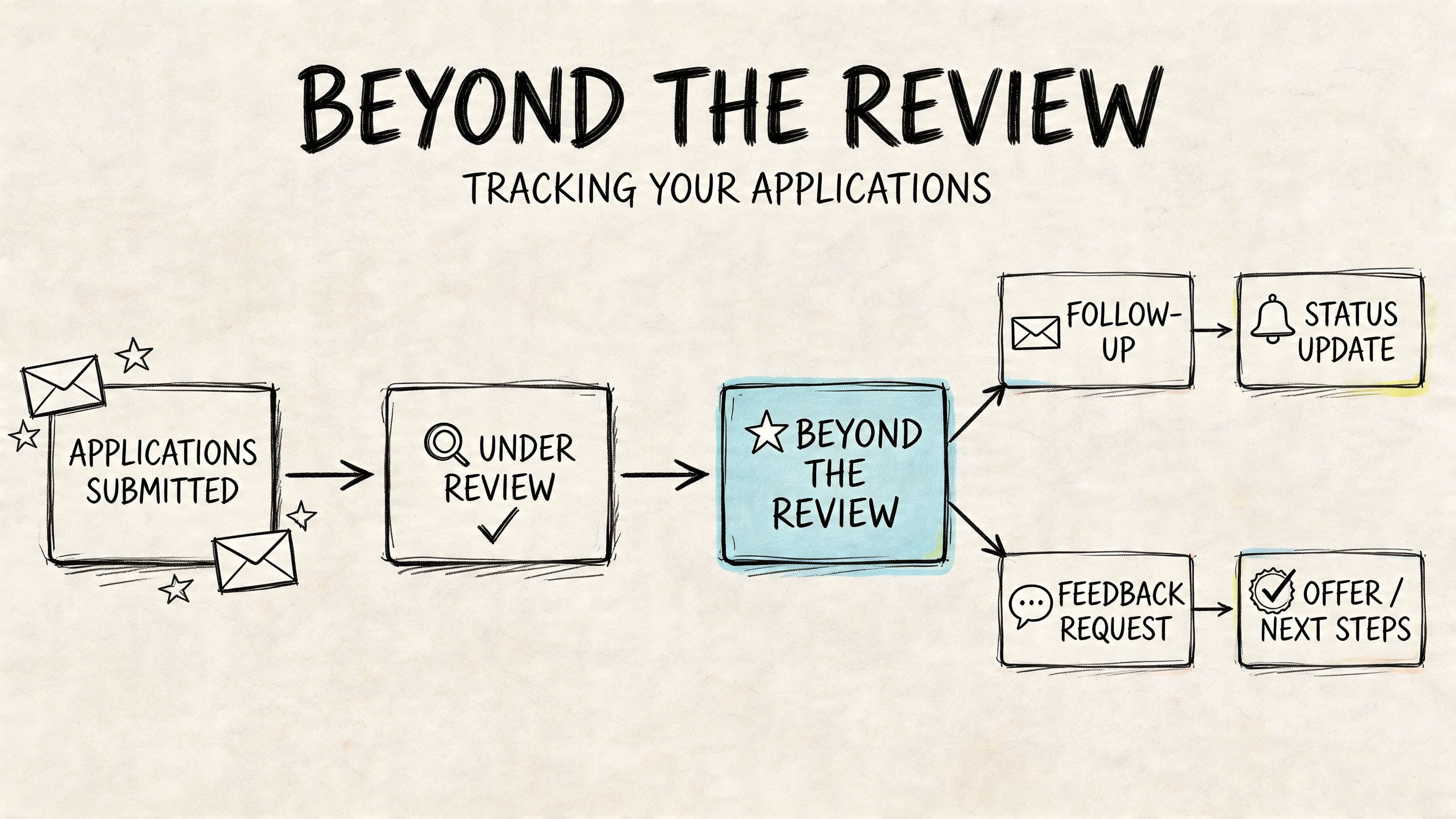 Flow chart of steps after job application submission including review, follow-up, and next actions
