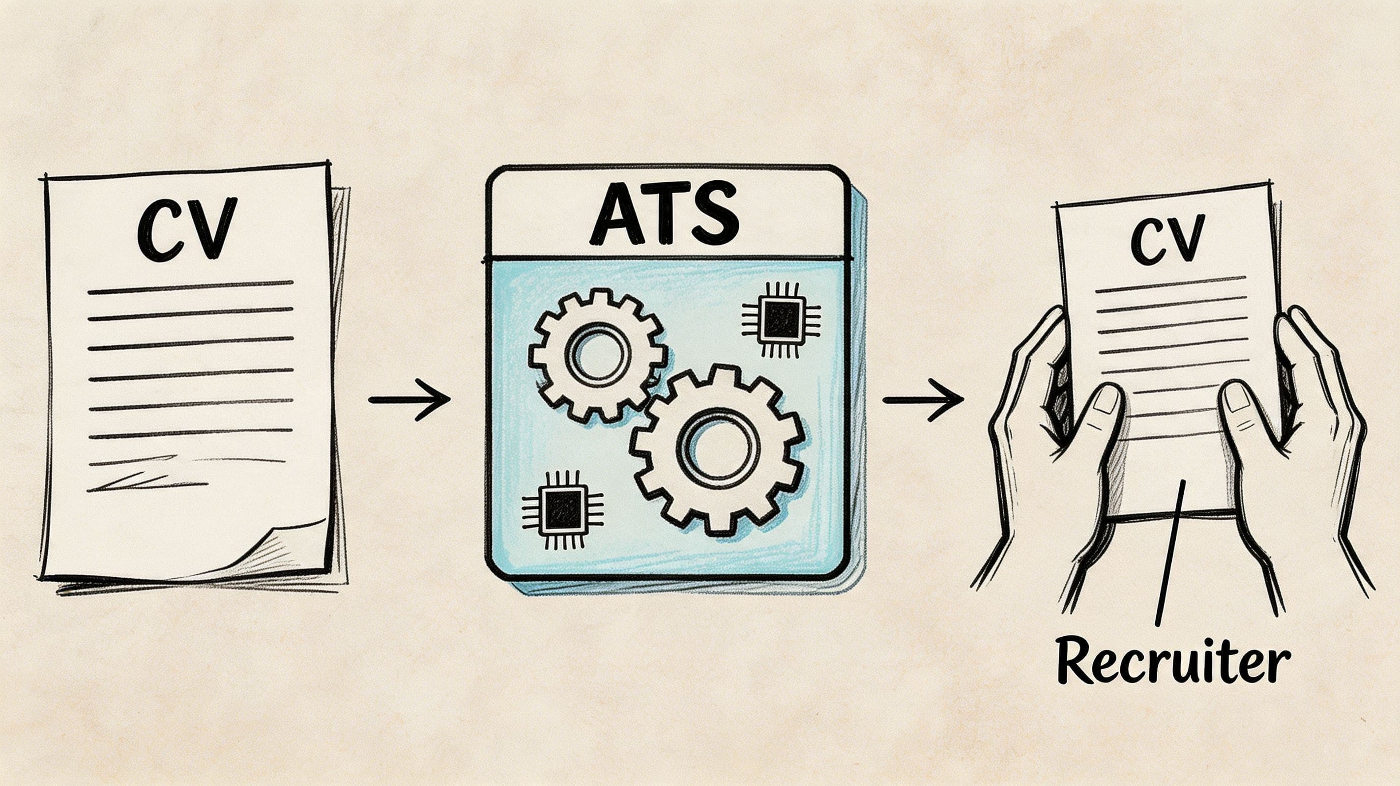 Infographic style diagram of a CV going through ATS keyword screening before reaching a hiring manager in the UK