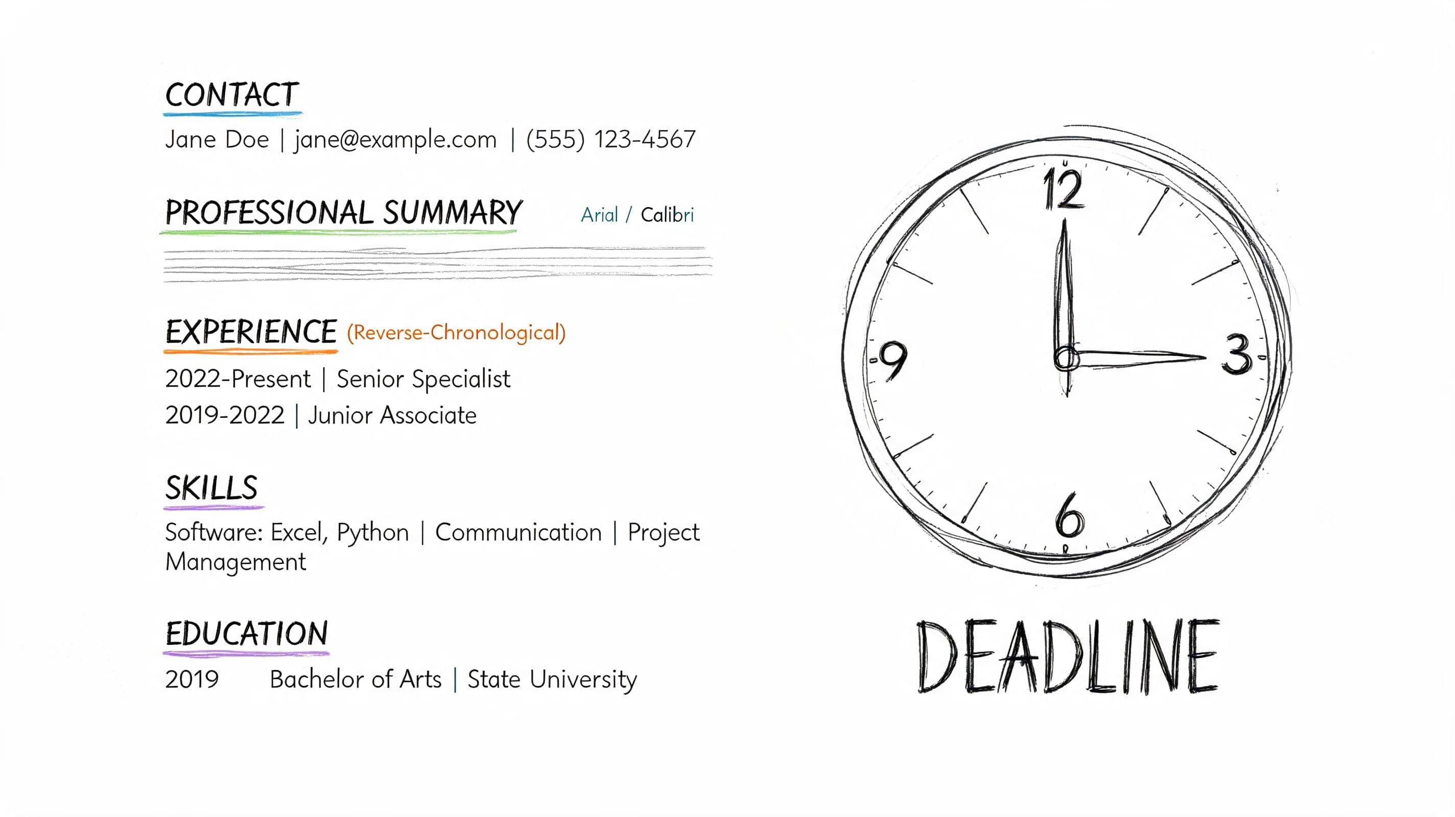 ATS-friendly urgent CV template sketch showing contact, experience, skills, and education sections beside a clock for a fast turnaround