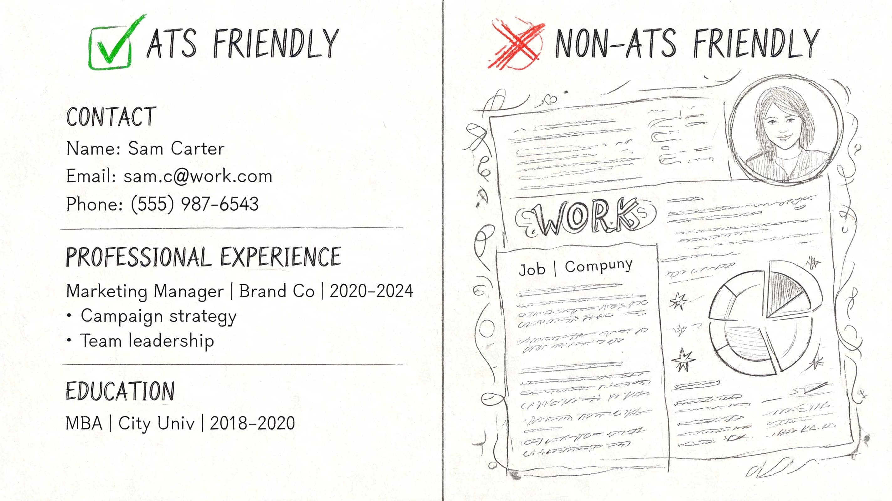 Side-by-side comparison of a plain single-column CV versus a cluttered graphic-heavy resume layout that can confuse ATS parsing