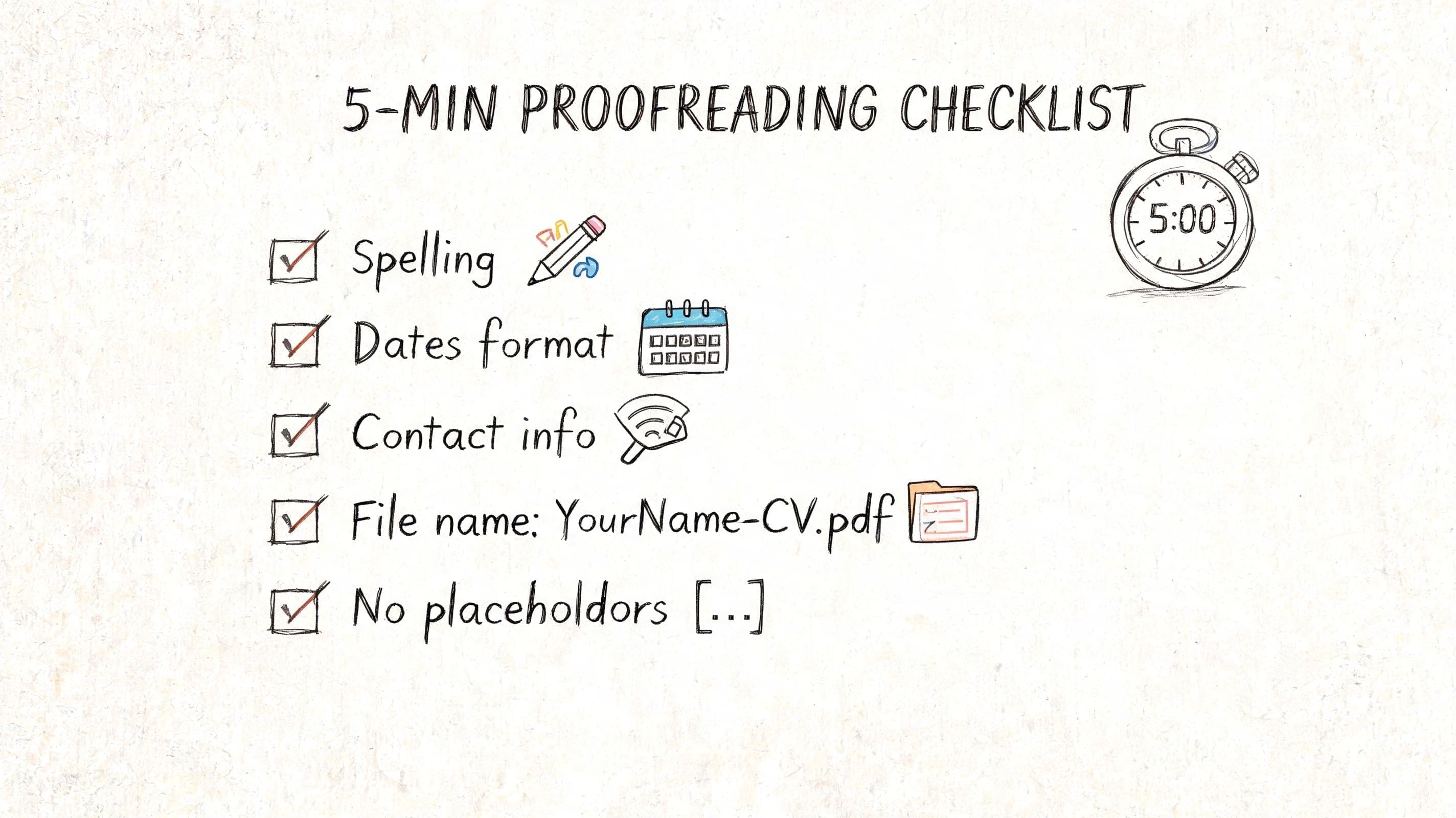 Five-minute CV proofreading checklist covering spelling, employment dates, contact details, PDF file naming, and leftover placeholder text