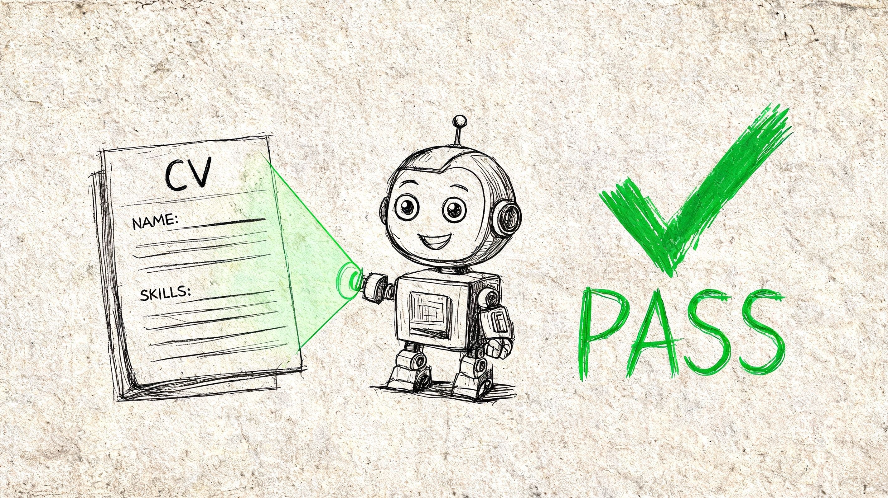 Sketch-style robot scanning a curriculum vitae with a green indicator showing ATS-friendly parsing for a first CV