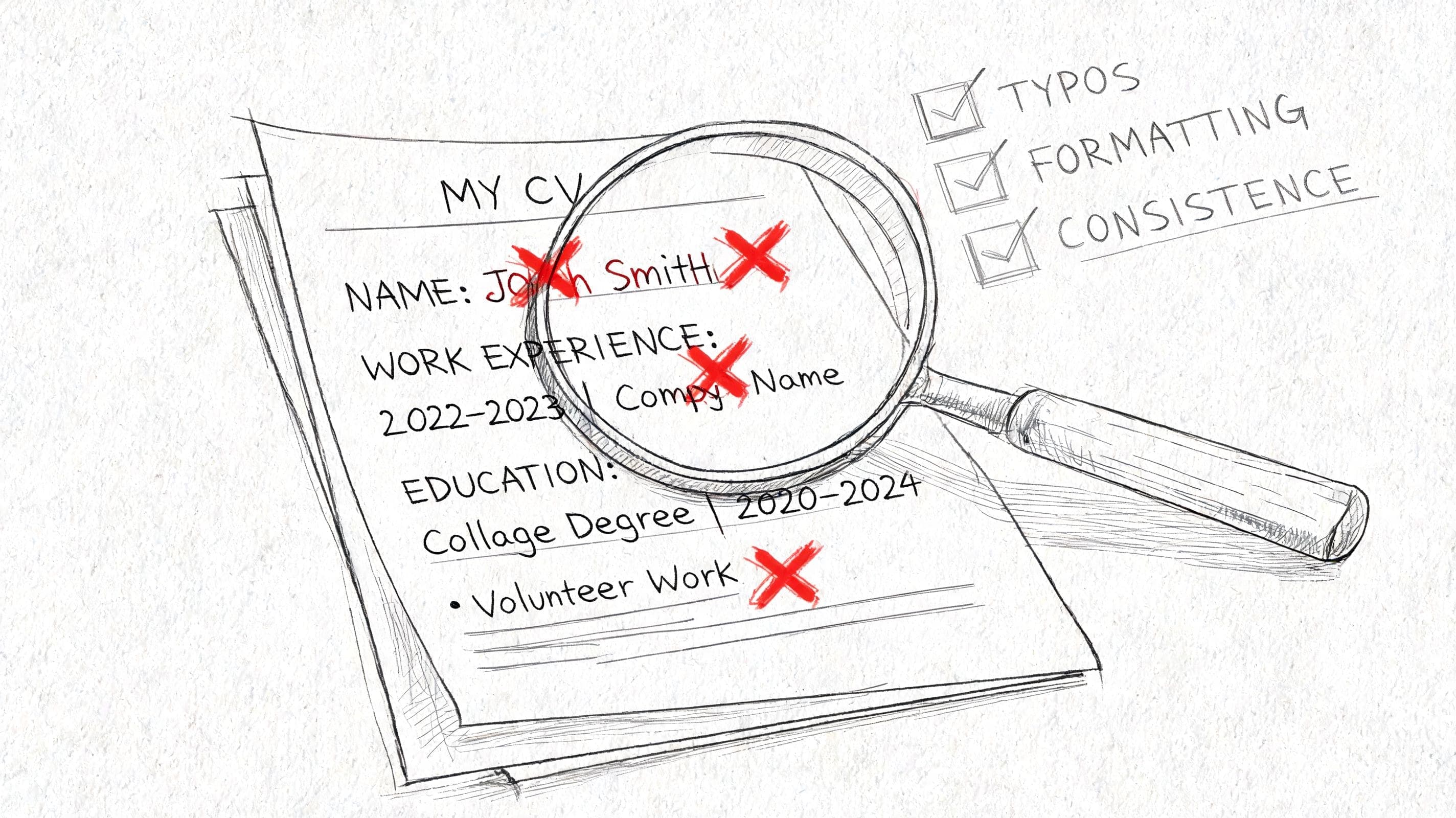 Magnifying glass over a CV draft highlighting spelling mistakes and inconsistent formatting to fix before applying