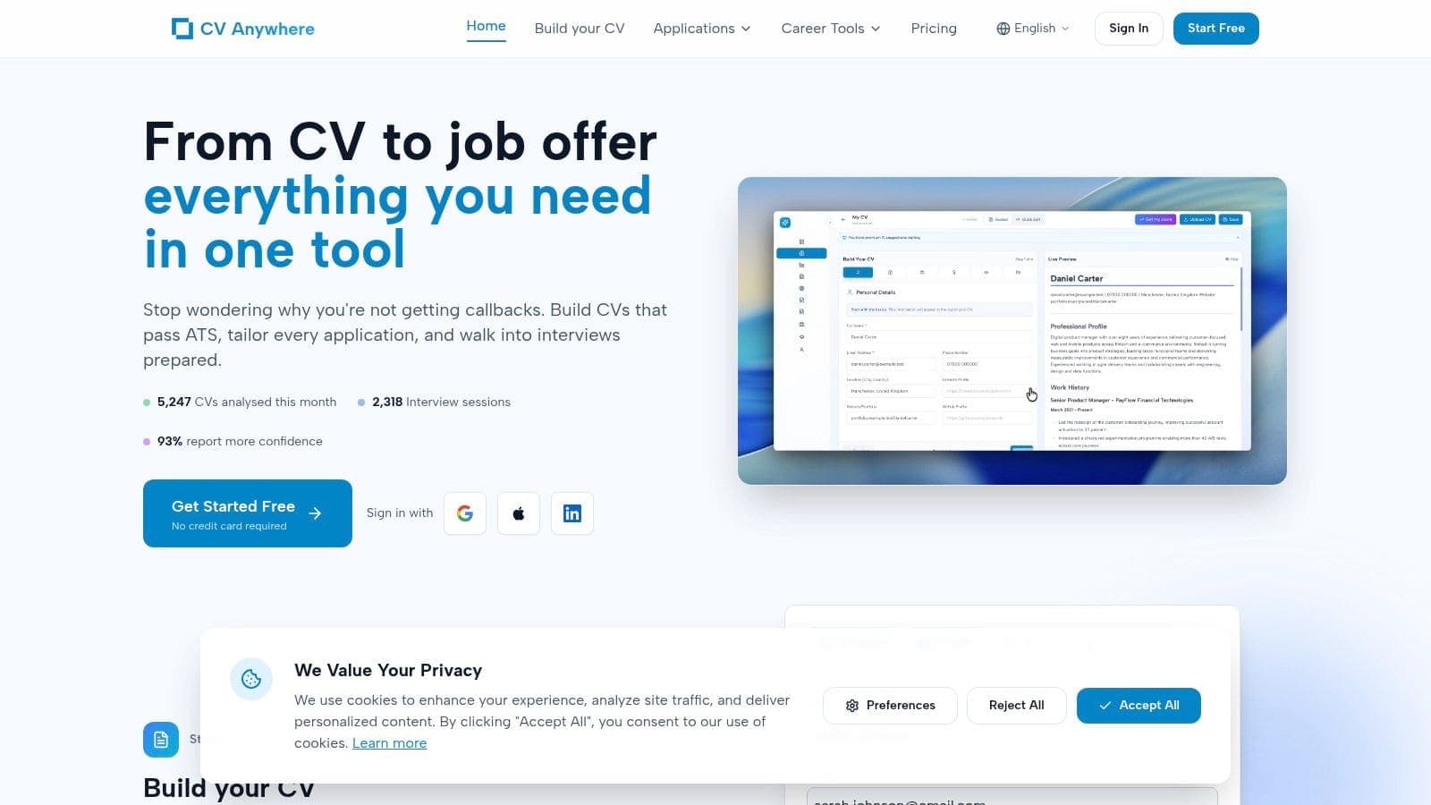 CV Anywhere smart CV builder showing ATS-friendly resume editing and JD Fit checking for tailored applications