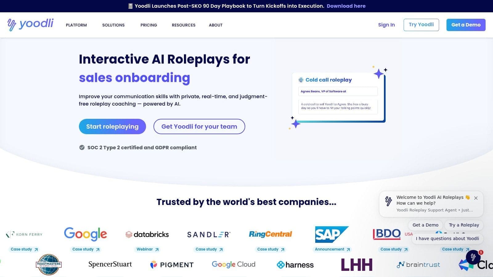 Yoodli AI interview coaching interface with delivery analytics for pace, filler words, and clarity