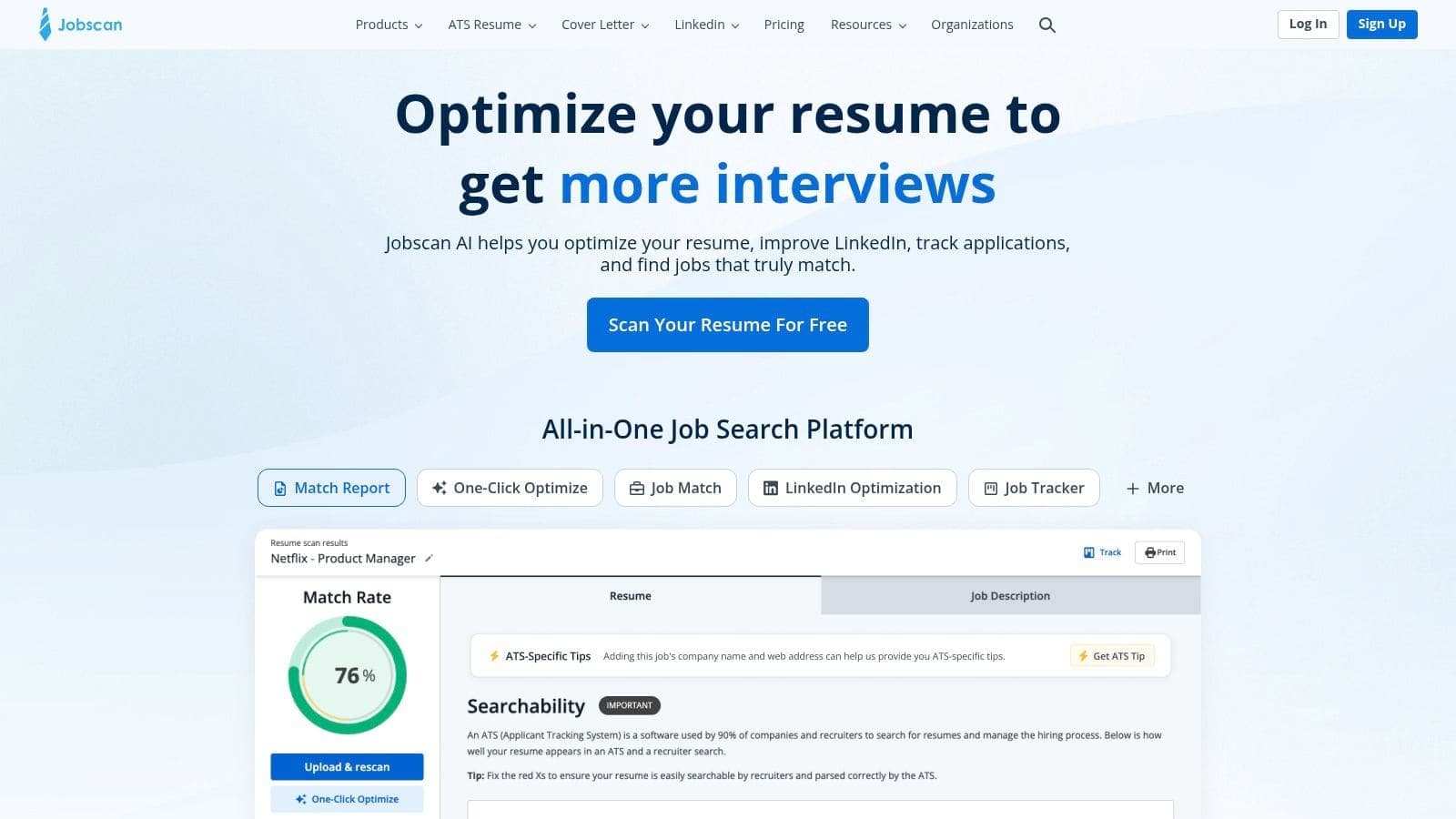 Jobscan resume versus job description keyword match report for ATS optimisation