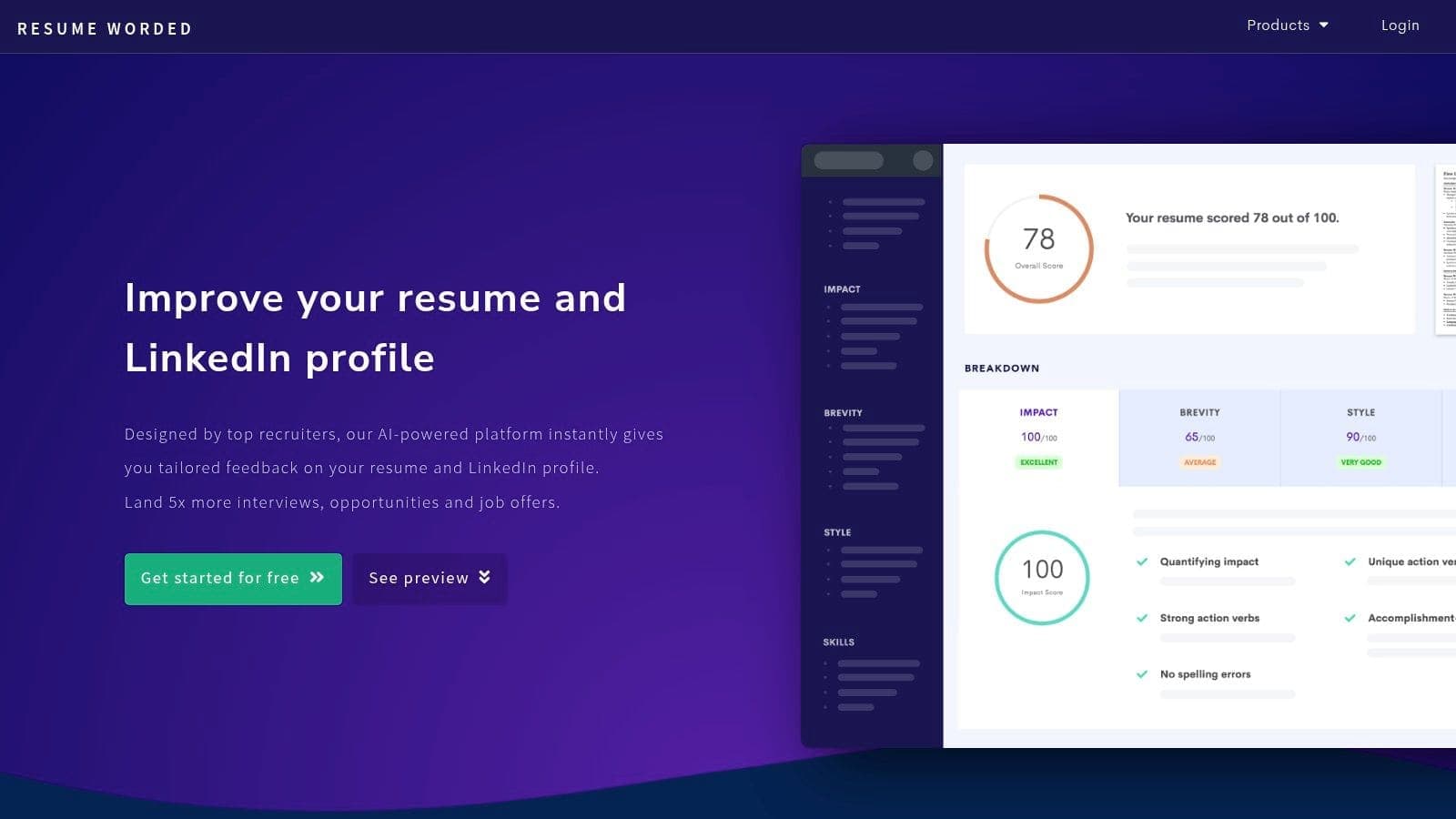 Resume Worded Score My Resume dashboard with line-by-line CV feedback and wording suggestions